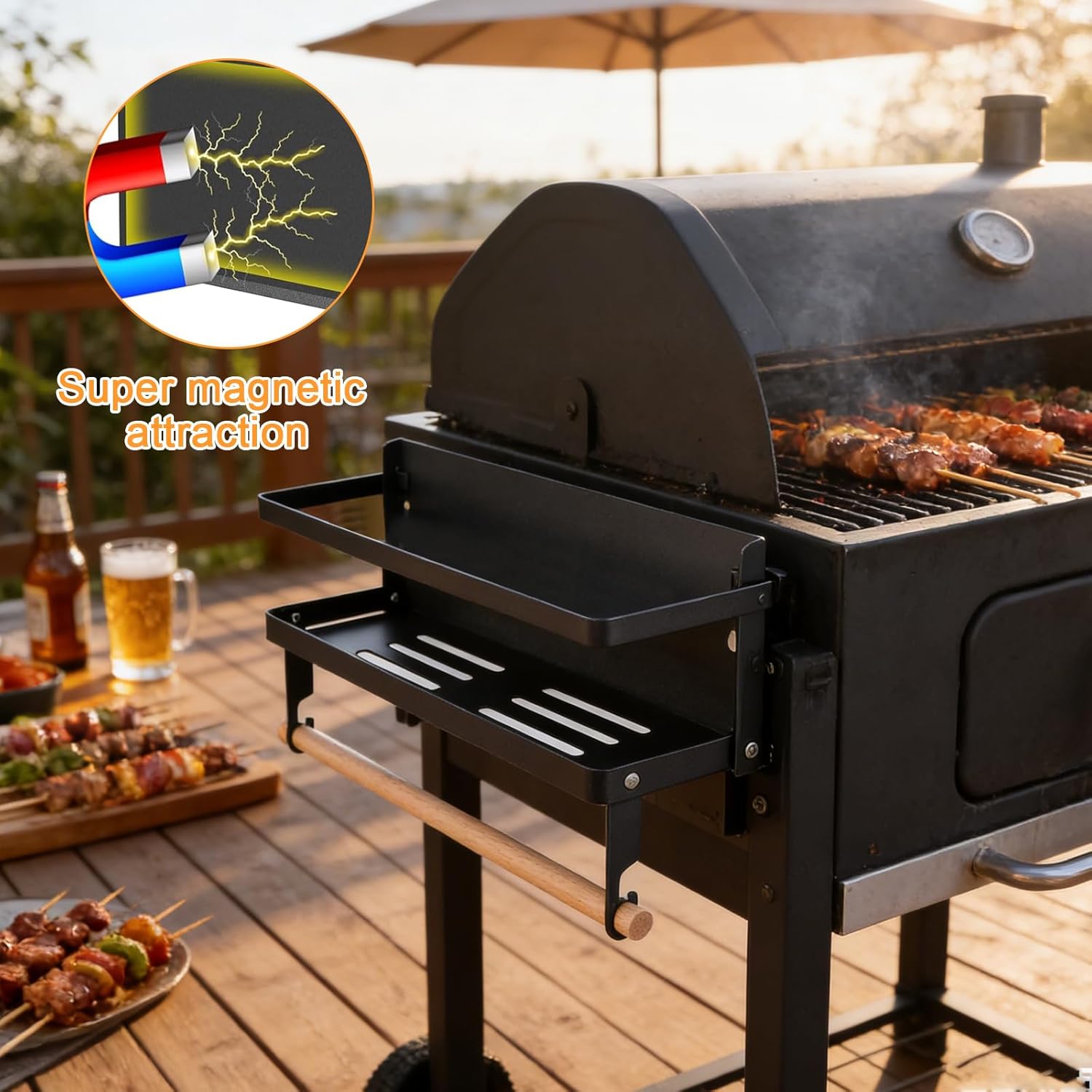 Foldable Magnetic Grill Storage Bin for Pellet Grills- Universal Pellet Grill Accessory Set with BBQ Tool Organizer & Paper Towel Holder & Hooks, Pellet Container & Outdoor BBQ Organizer
