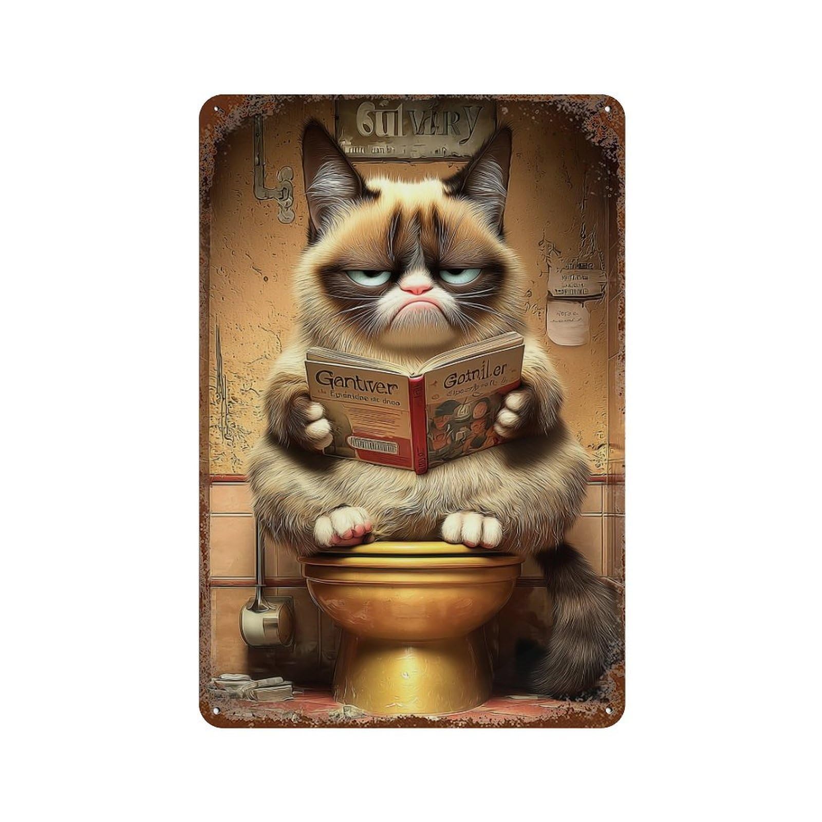 Vintage Rust Metal Sign with Grumpy Cat Reading Book Design 11.8"x7.9", for Shed, Workshop And Garage Wall Decor, Retro Wall Decor