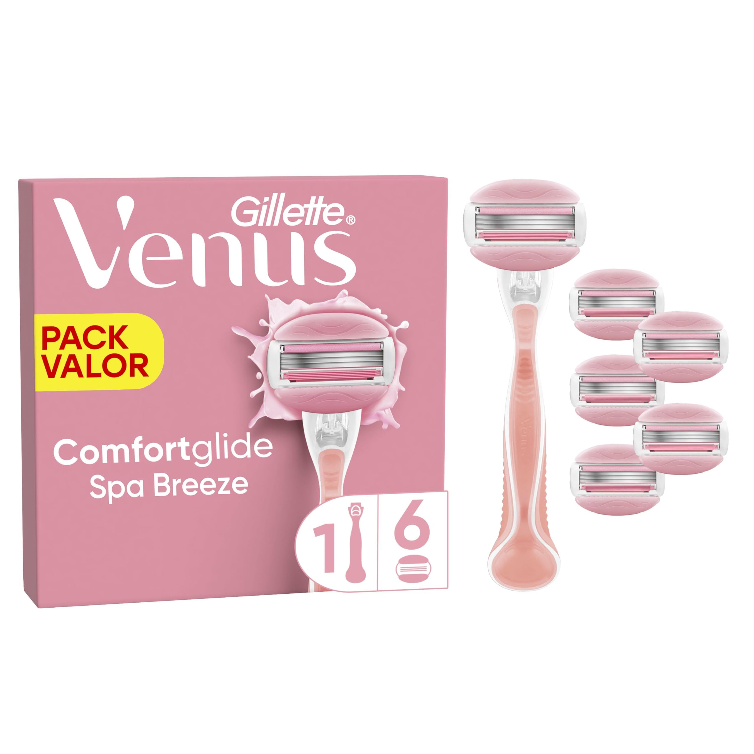 Gillette Venus Comfortglide Spa Breeze, trymer damski, 1 uchwyt + 6 wkładów, miękka, dokładna i trwała depilacja | 1 uchwyt + 6 ostrzy do golenia, wkłady z 3 ostrzami i żelowymi paskami, gładkie, dokładne i trwałe usuwanie włosów