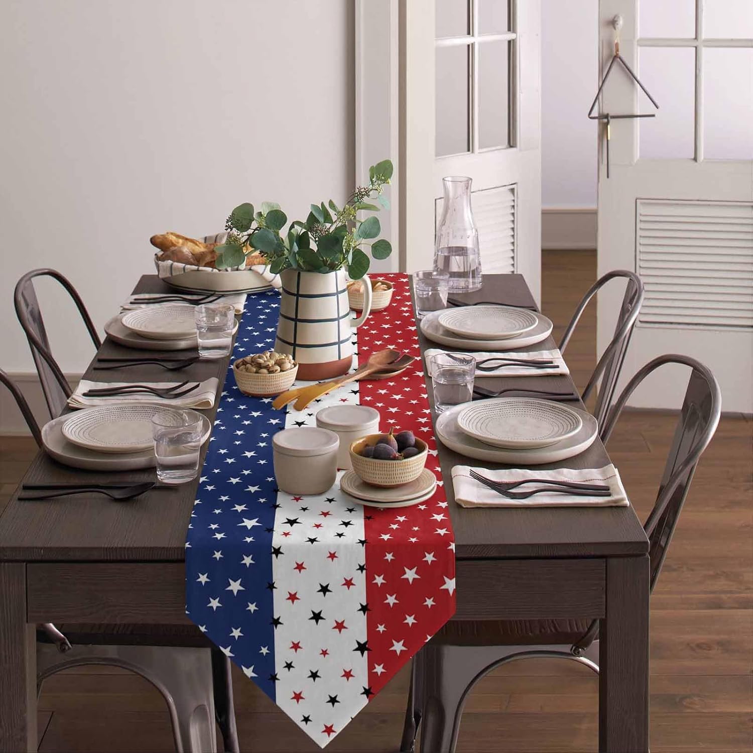 4th of July Linen Burlap Table Runner Star Dresser Scarves, Patriotic American Flag Independence Day Table Runners for Dinner Holiday Party,Memorial Events,Kitchen Decor Red White Blue Stars 13x90In