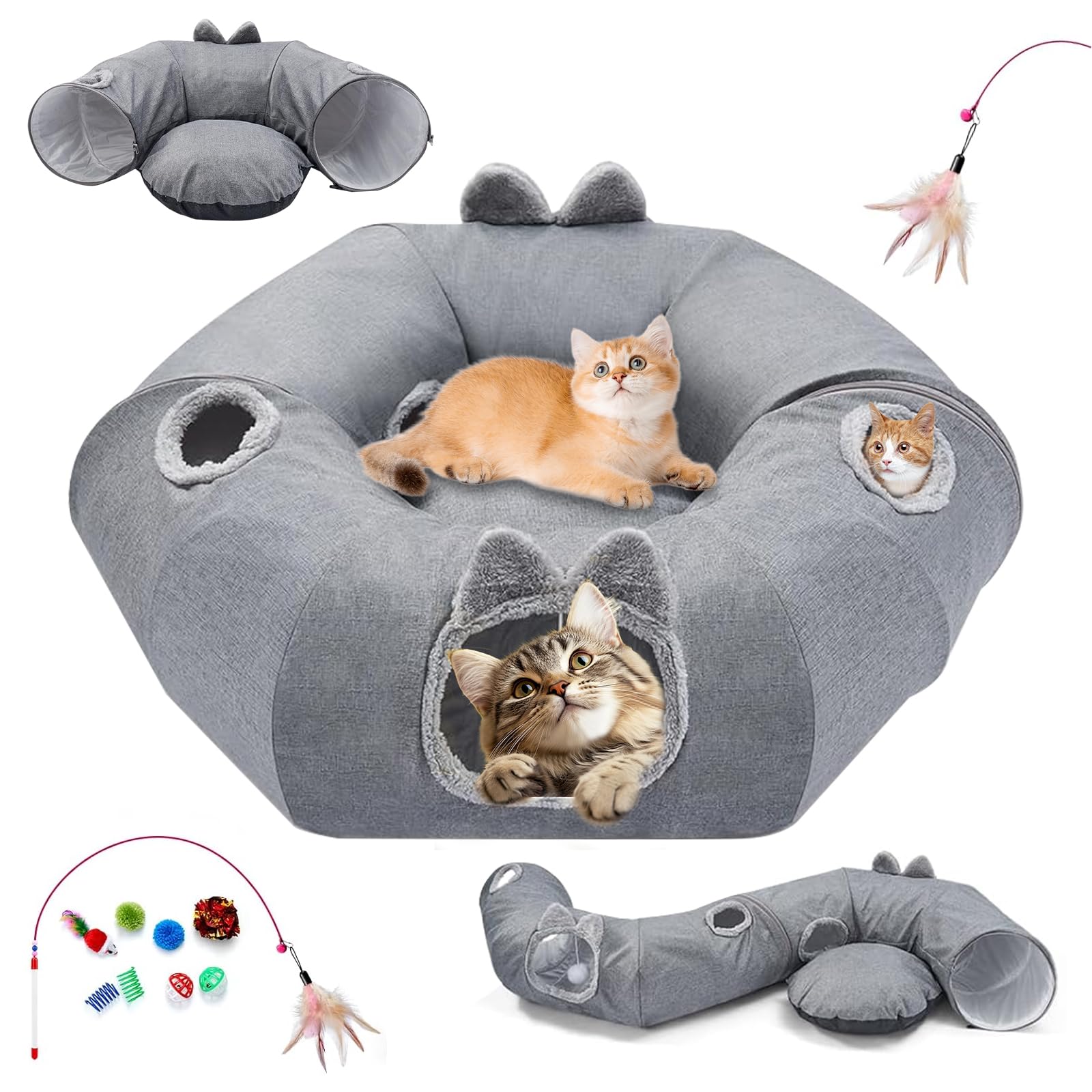 Tunnel per Gatti con Letto,Tunnel a Ciambella in Lino,Tunnel di Gioco Pieghevole in Resistente,per Gatti,Gattini,Conigli,Cuccioli
