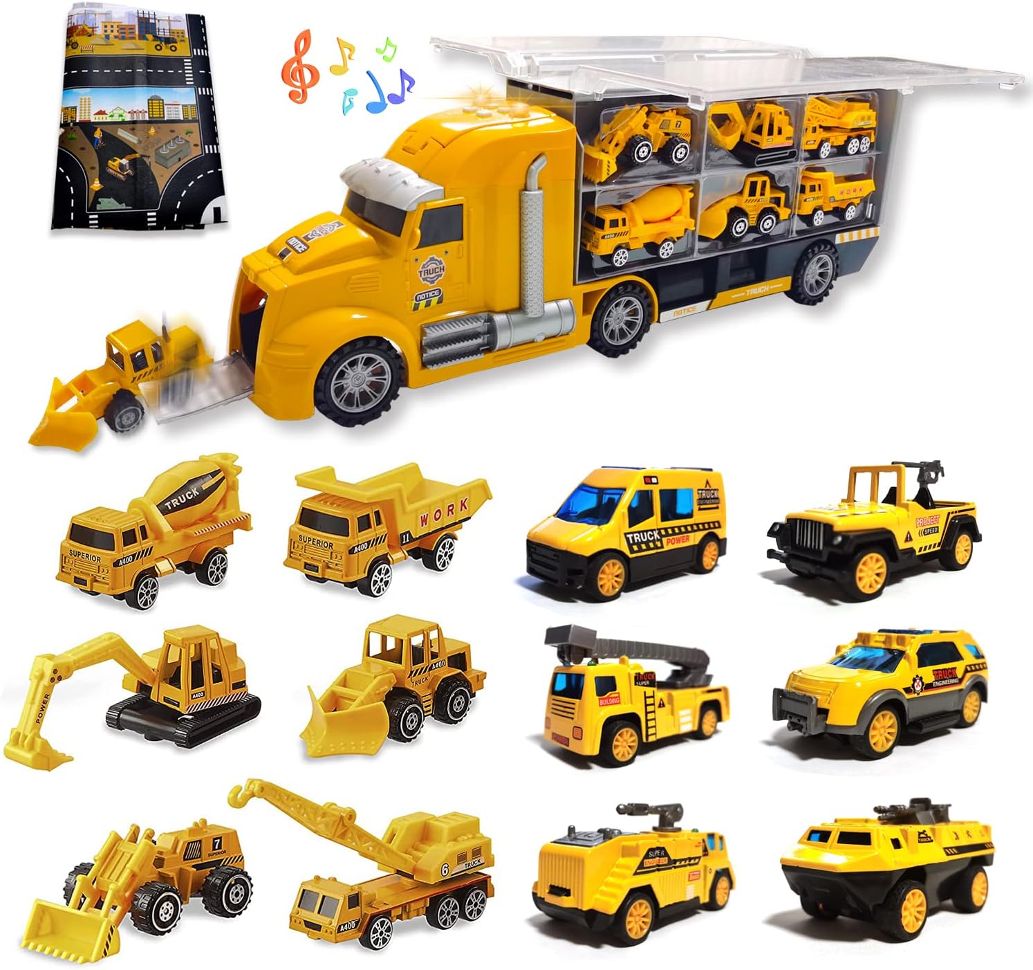 Carecoly 建設車両セット 1台収納車 12台ミニカーセット 車おもちゃ 工事マップ付き 建設車両 はたらく車 工事カー 作業車両 室内遊び 男の子 誕生日 プレゼント 贈り物 クリスマス(6歳以上）