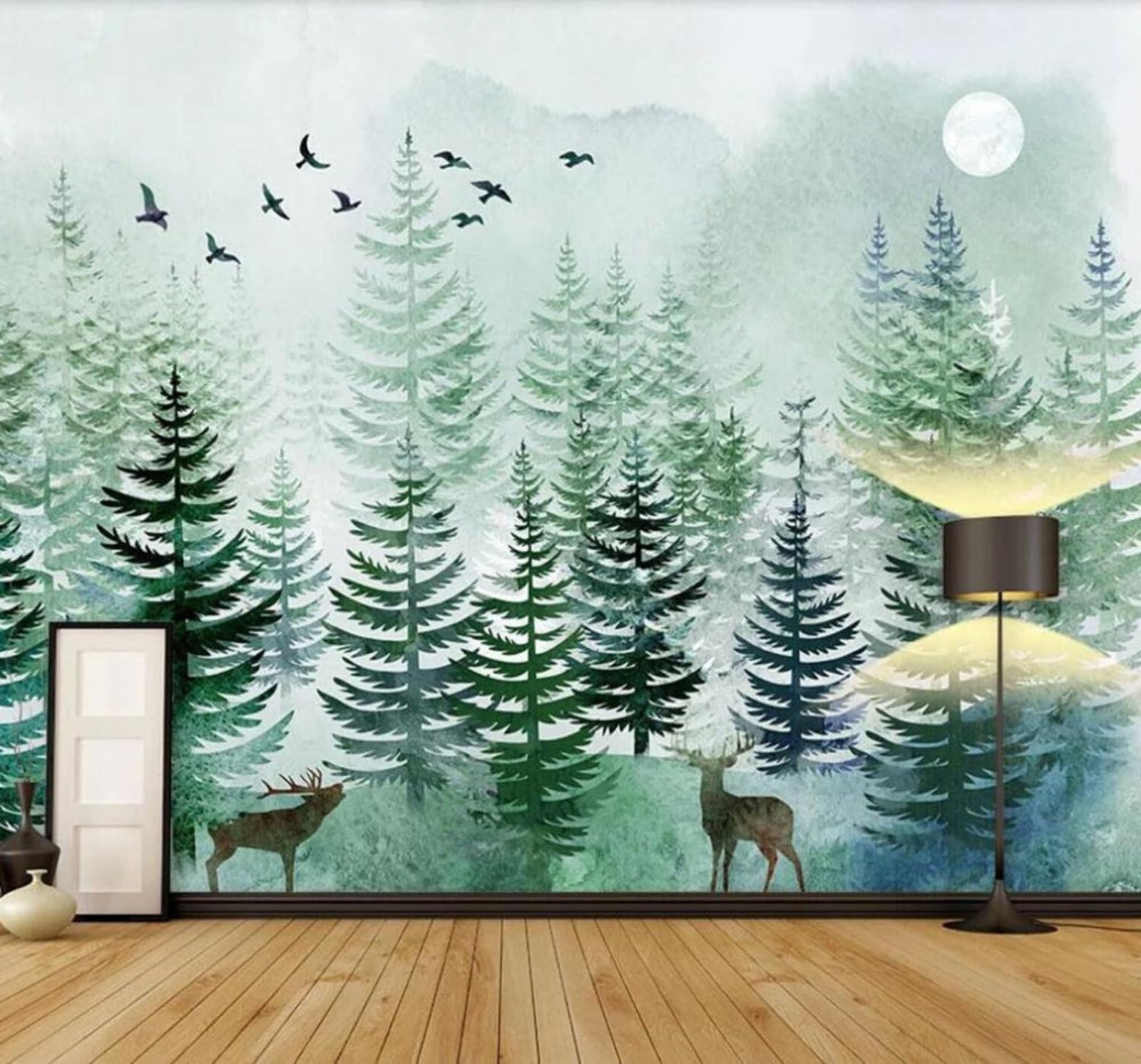 Tzxztt 430Cm×300Cm(B×H) Hand Drawn Three Dimensional Fresh Pine Forest Reindeer Modern 3D Wallpaper Premium Textured Silk Neutral Tones Material Ideal For Living Room Bedroom-430Cm×300Cm