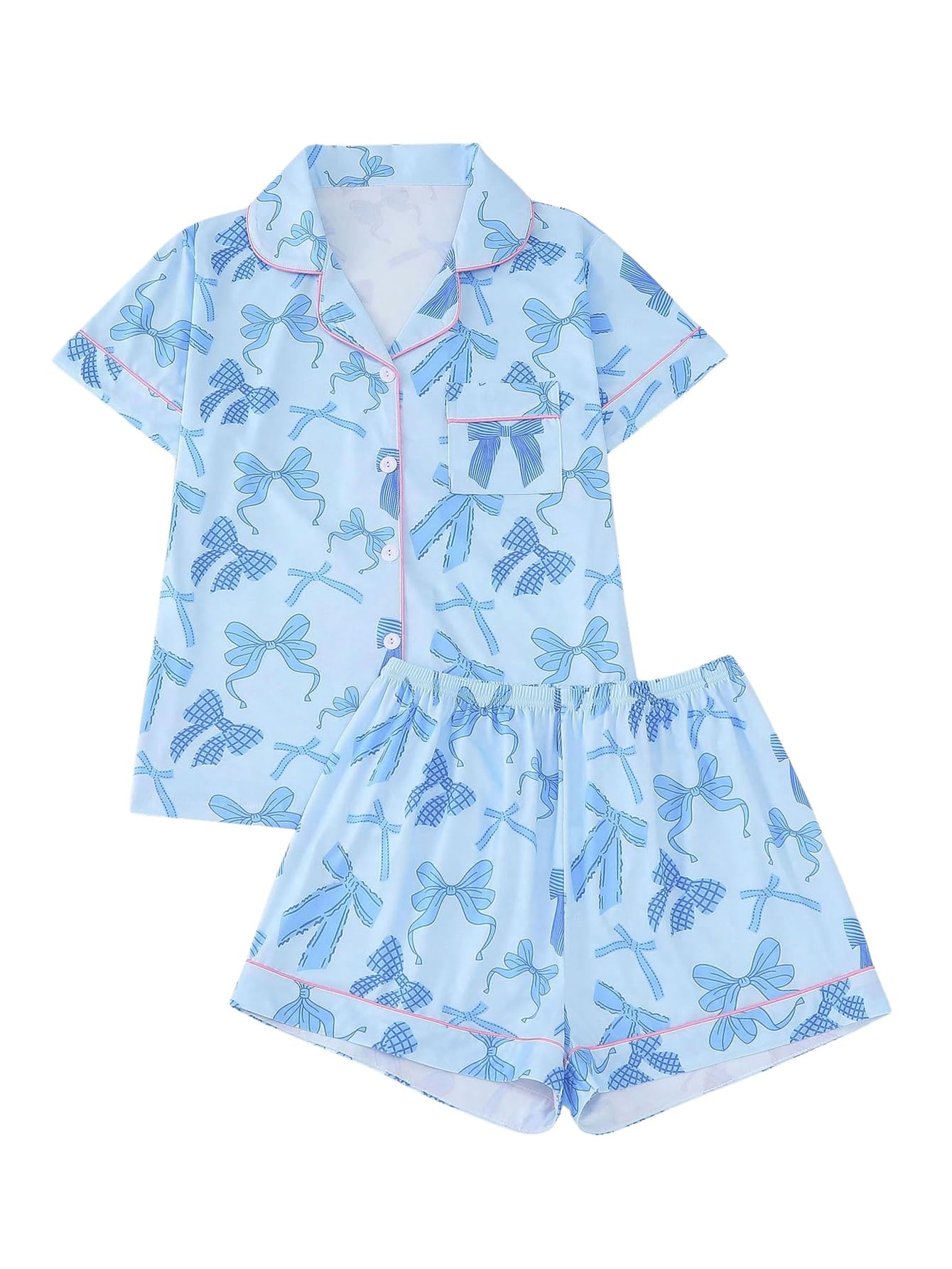 WDIRARA Women's 2 Piece Bow Print Pajama Set Short Sleeve Button Down Lounge Shorts Sleepwear Sets