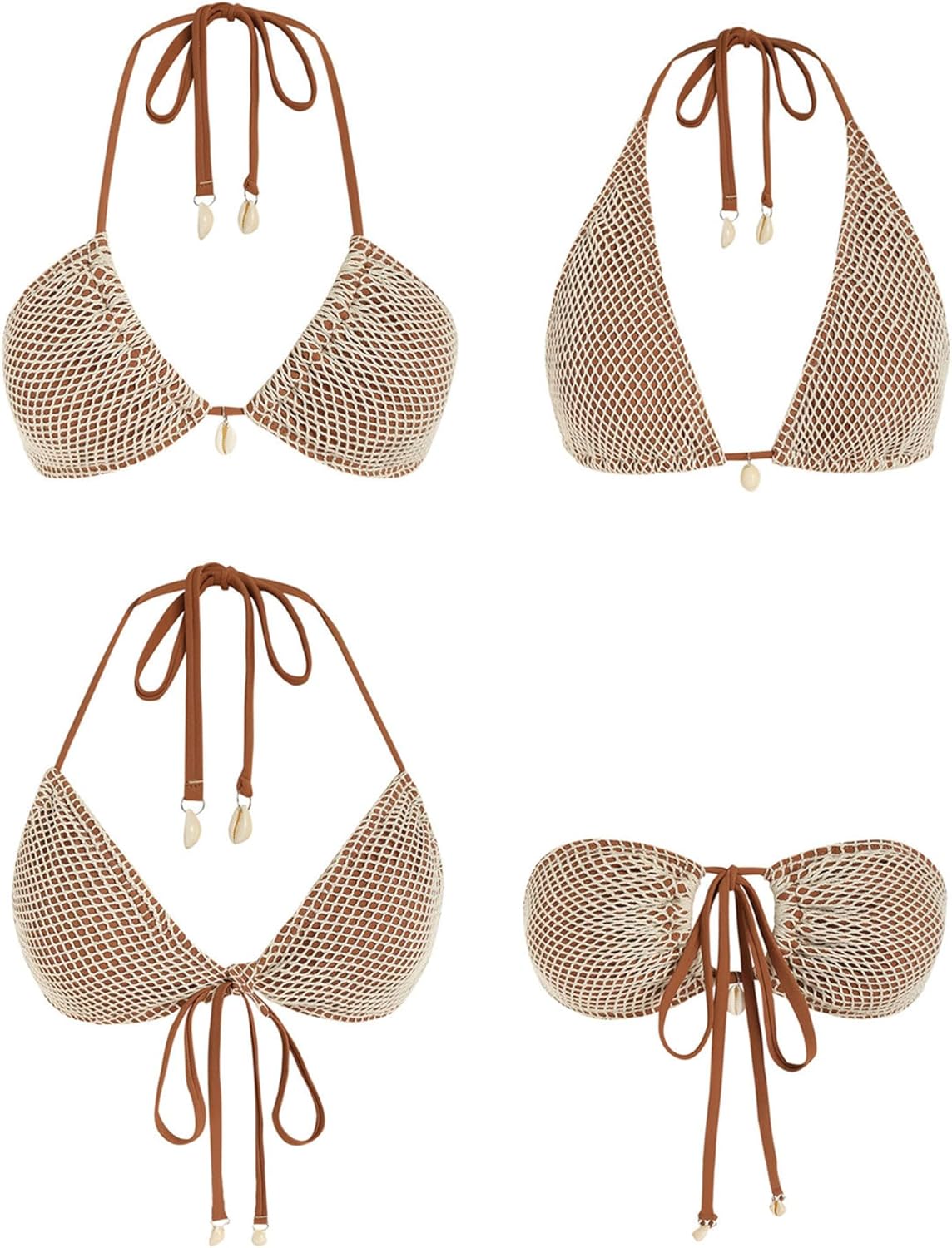 ZAFUL Womens Mermaid Fishnet Bikini Set Halter Bandeau Boho Shell Crochet 2 Piece Swimsuit Side Tie Cheeky Bathing Suit