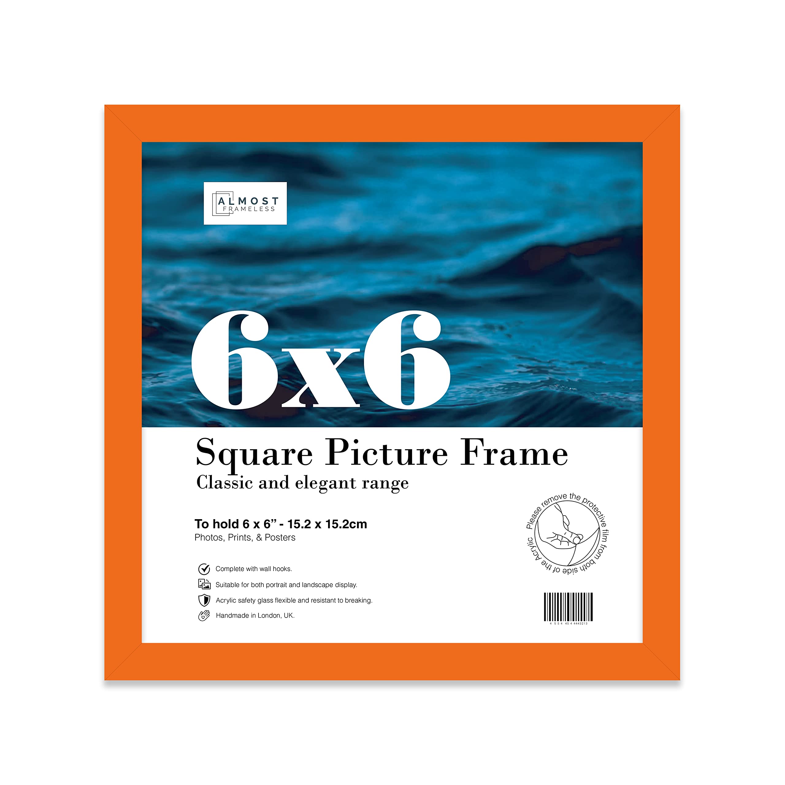Almost Frameless 6x6 Orange Picture Frame 6"x6" (15.2x15.2cm) Poster, Photo, Artwork, or Print. Thin Edge Slim Frame Portrait and Landscape Display with Wall Hooks