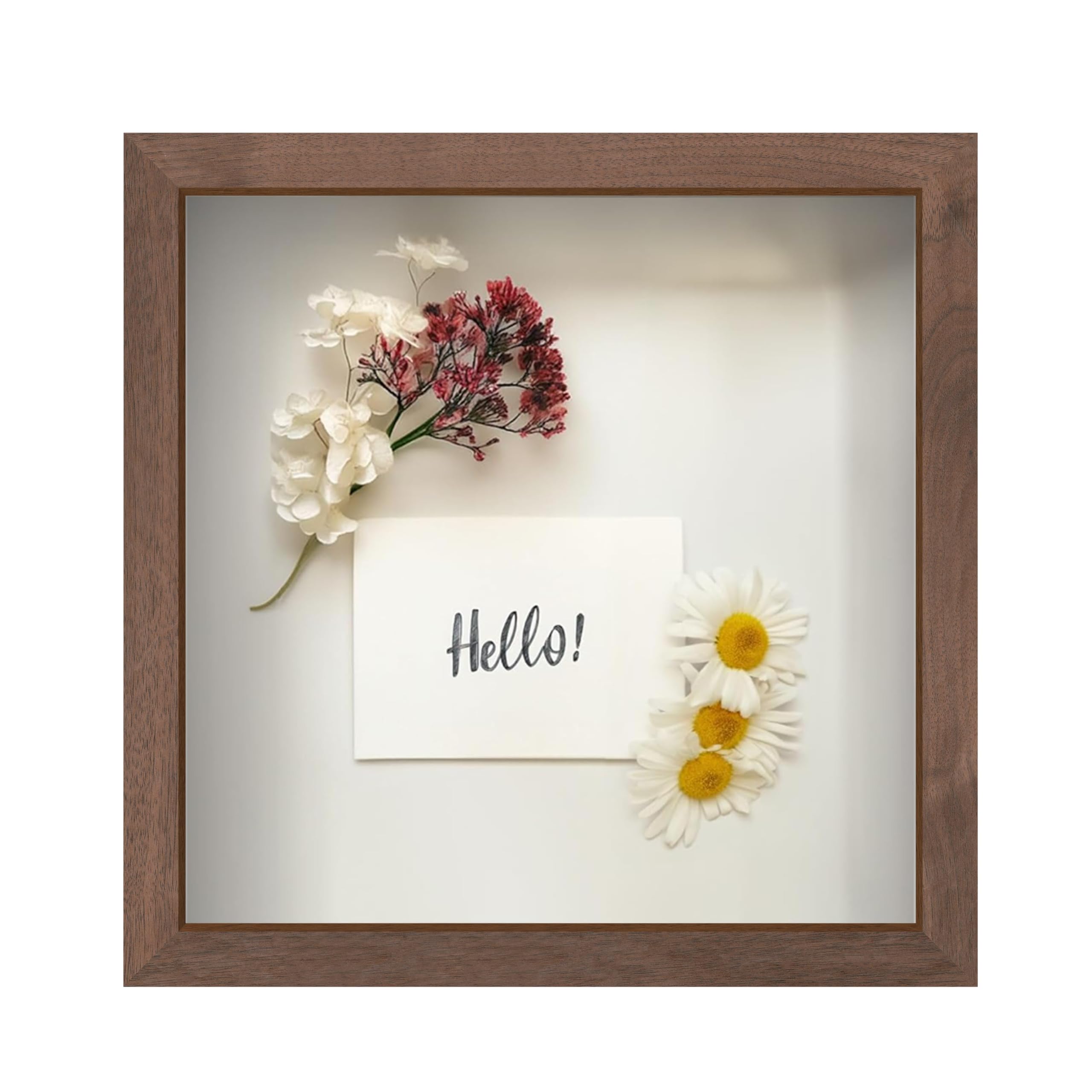 FrameWorks 11” x 11” Dark Oak Wooden Shadow Box Frame – Display Case with Soft Felt Back, Memory Box with Tempered Glass, Display Box with Elegant White Ball Push Pins, Wooden Flower Box