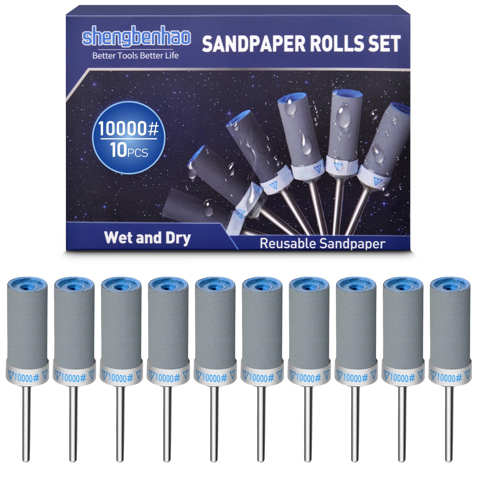 ‎shengbenhao 10PCS 10000 Grit Sanding Drums Sandpaper Sticks Set Compatible with Dremel Rotary Tool Accessories with 1/8 inch Shank for final polishing of metals and jewellery