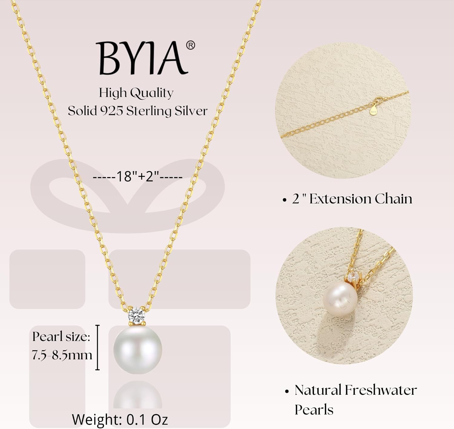 Sterling Silver 925 Pearl Pendant Necklace for Women Dainty CZ Necklace 14K Gold Vermeil Necklace Chain Freshwater Pearl Necklace Adjustable Simple Pearl Necklaces for Everyday Jewelry Gifts - Image 6