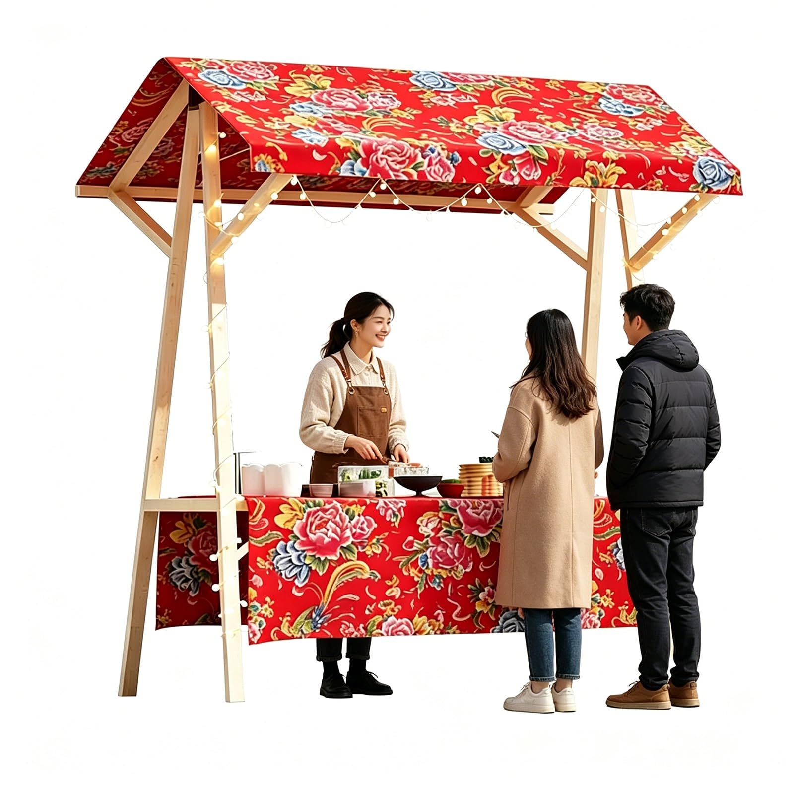 GMBAYUE Portable Food Cart with Canopy, Foldable Market Stall Cart, Wooden Vendor Booth, Outdoor Vendor Cart for Backyard Garden, Mobile Vending, Food Sales(Red,59x24x79in/150x60x200cm)