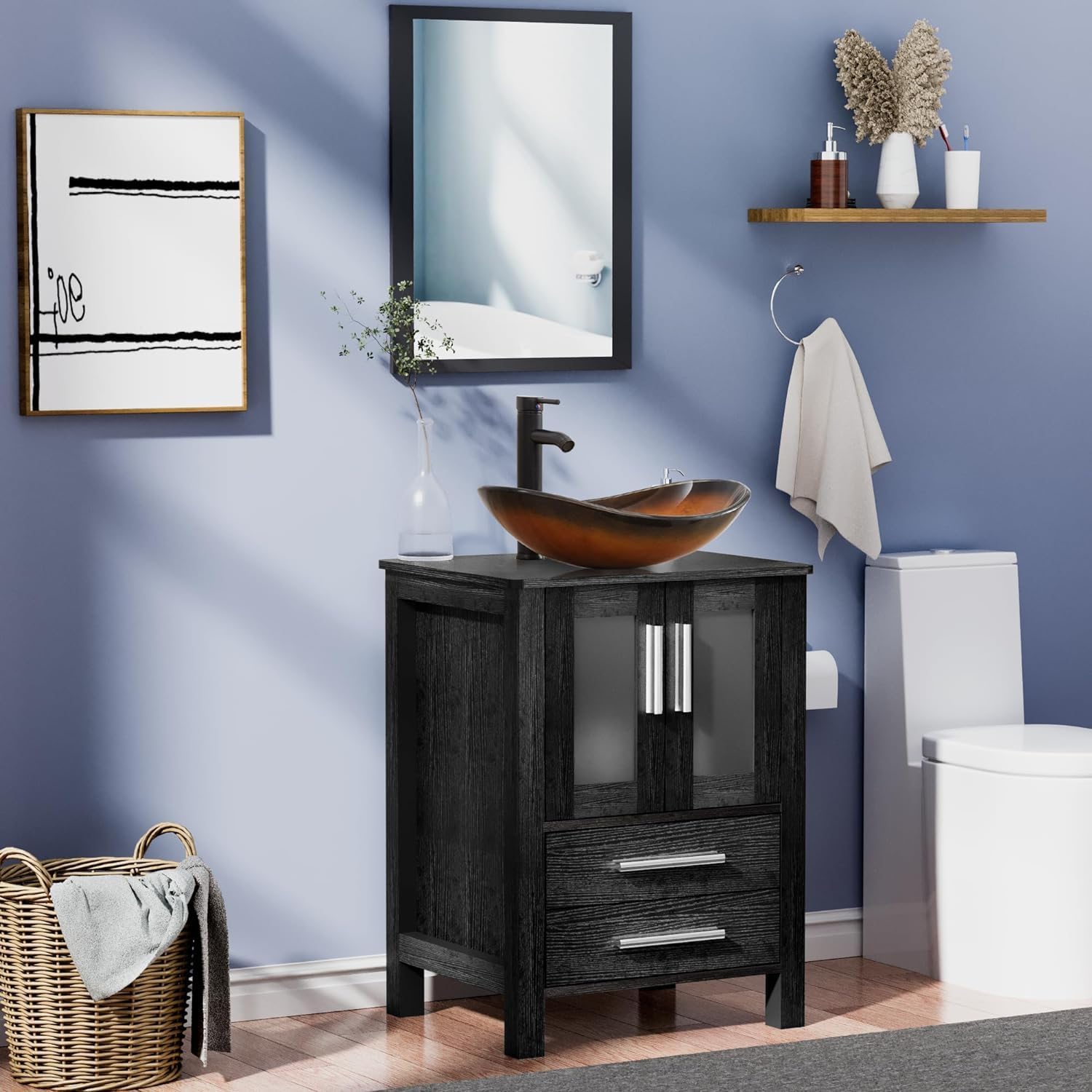 UEV 24" Black Bathroom Vanity with Vessel Sink,Modern Bathroom Vanity Cabinet, Faucet Sink Bowl,Pop Up Drain Included,Modern Brown Boat Tempered Glass Vessel Sink,Mirror Not Included(029BR-new)
