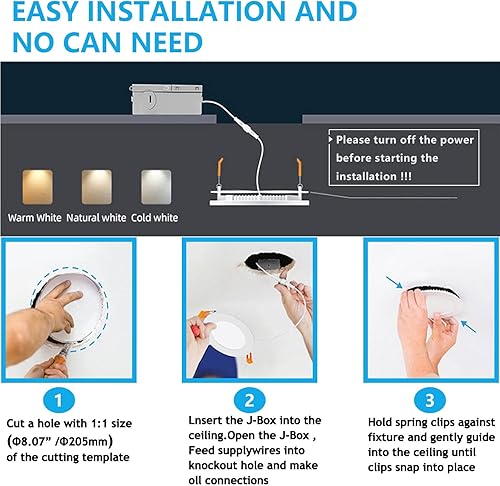 Miniatura 7 de Luz LED empotrable de 8 pulgadas con caja de conexiones, 1 paquete de iluminación LED empotrable ultrafina. 3000K blanco cálido, 18 W 110 V