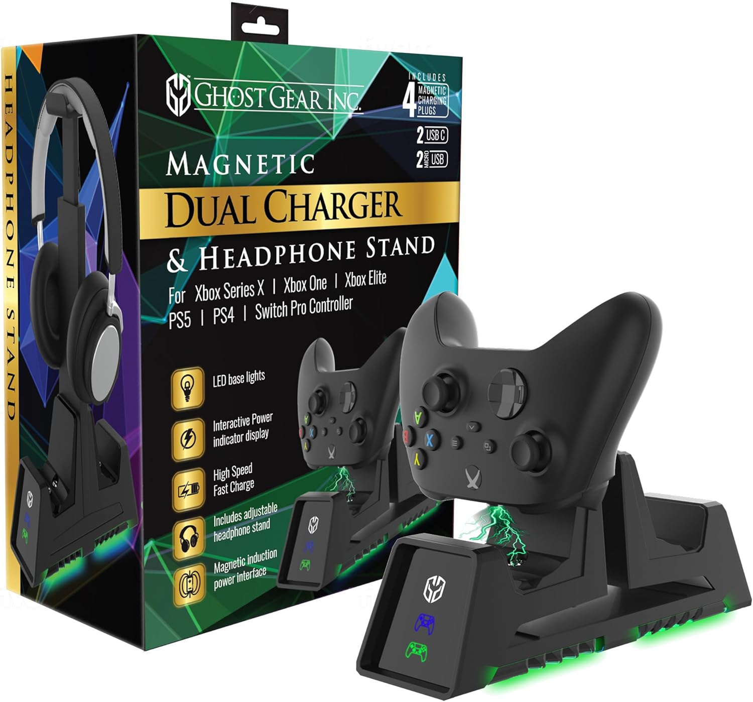 Charging Station for Xbox Series X, S, Xbox Elite, Xbox One, PS5, PS4 Controllers Dual Charger with Headphone Stand (Black with Green LED Glow) Includes Rechargeable Battery Pack