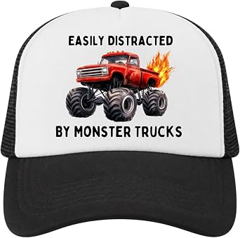 Easily Distracted by Monster Trucks Kids Trucker Hat, Monster Truck Hat for Boys Girls, Toddler Truck Cap White and Black