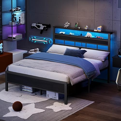 Miniatura 4 de Furnulem Base de cama Queen con cabecera de almacenamiento y luces LED, base de cama de metal con estación de carga y puerto USB, cama de plataforma