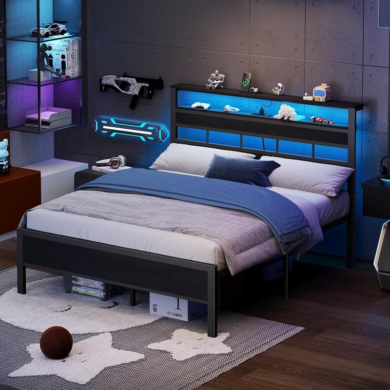 Furnulem Queen Bed Frame with Storage Headboard and LED Lights, Black Oak image 4