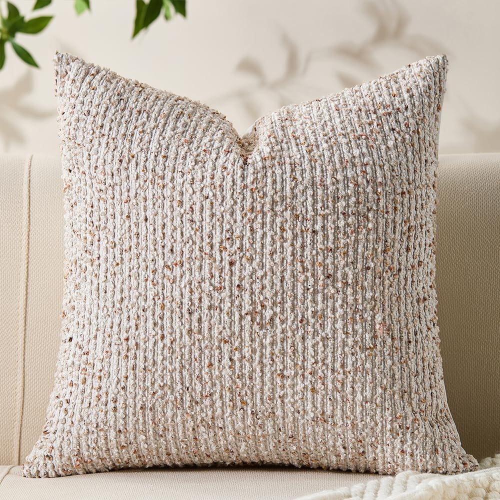 Decorative Couch Throw Pillow Covers 26x26 Beige Striped Soft Wool Pillow Covers Neutral Textured Boho Cushion Covers for Modern Farmhouse Sofa Bedroom Living Room Decor SY011-A26