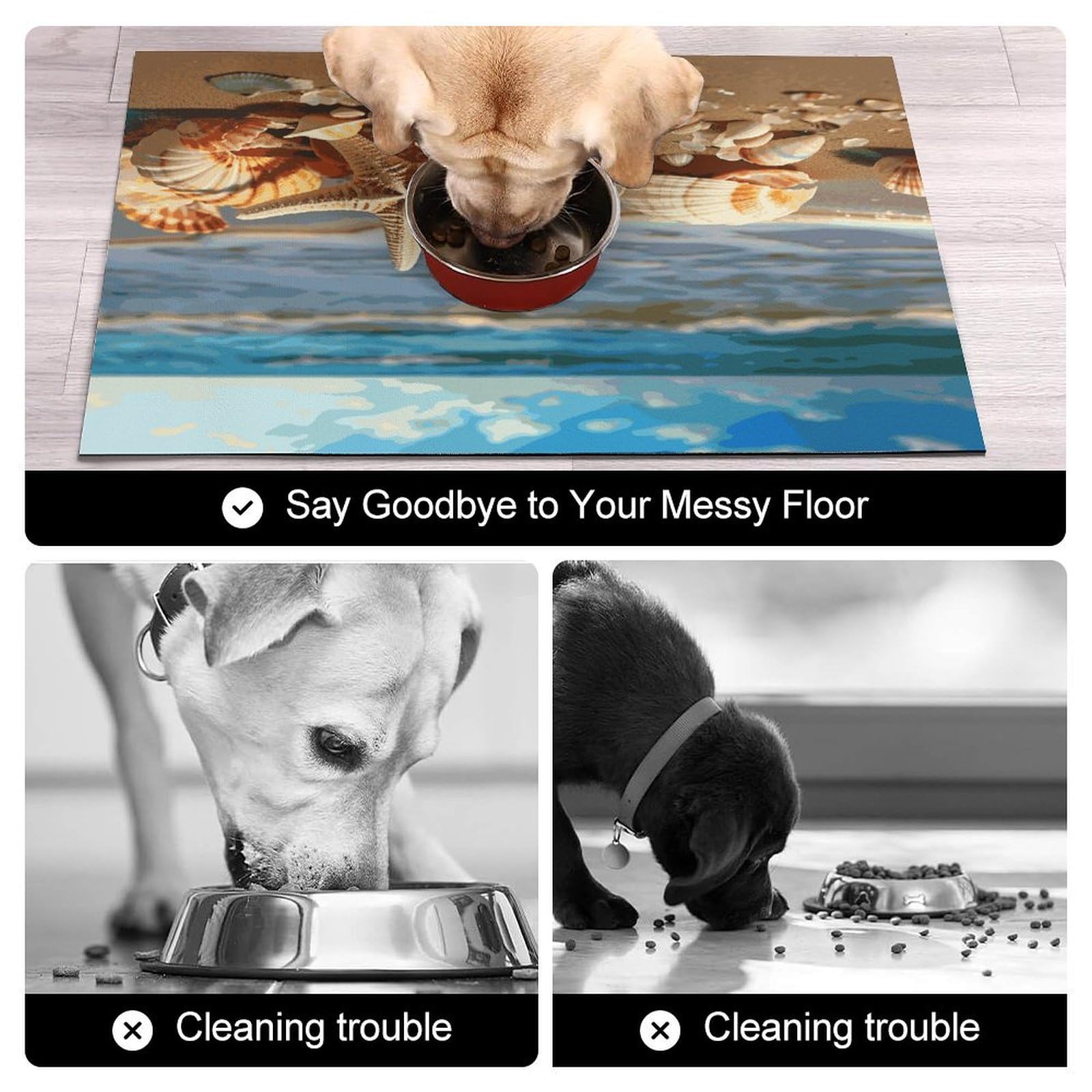 Tapis de nourriture pour chat avec coquillages sur la plage de sable – Tapis d'alimentation antidérapant pour chien facile à nettoyer pour la nourriture et l'eau, tapis de gamelle pour chien et chat