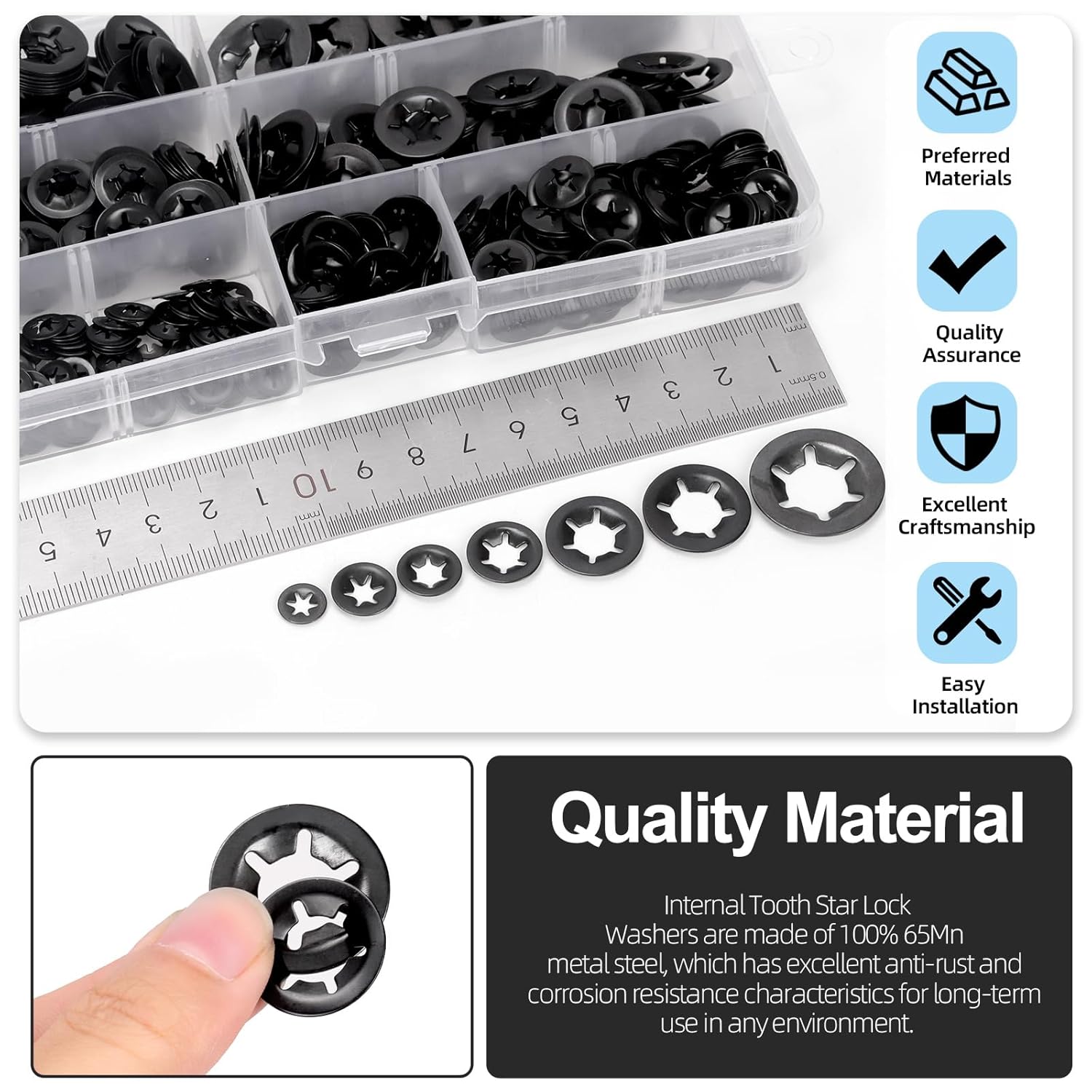 Glarks 600pcs Metric M3-M12 65Mn-Steel Black Internal Tooth Star Lock Washers Assortment Kit Quick Speed Locking Washers