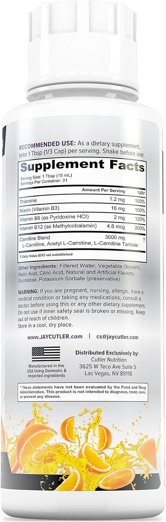 Cutler Nutrition Liquid L-Carnitine Fat Burner Supplement with Acetyl L-Carnitine & L-Carnitine Tartrate - Fat Burner Formula for Optimal Absorption, Energy & Muscle Support | Orange Flavor