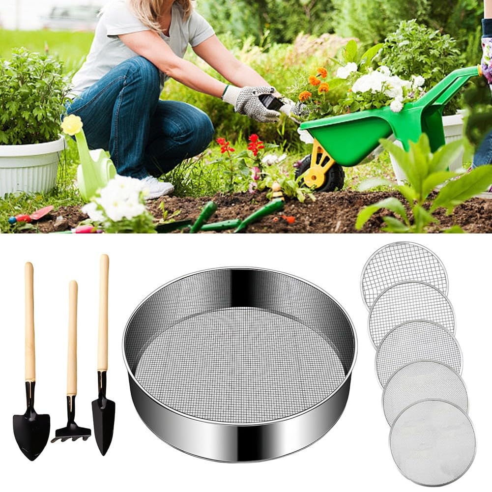 Para tamiz de jardín de acero inoxidable de 20 cm, 5 pantallas intercambiables para tierra, compost, tamiz inoxidable con 3 palas de mano