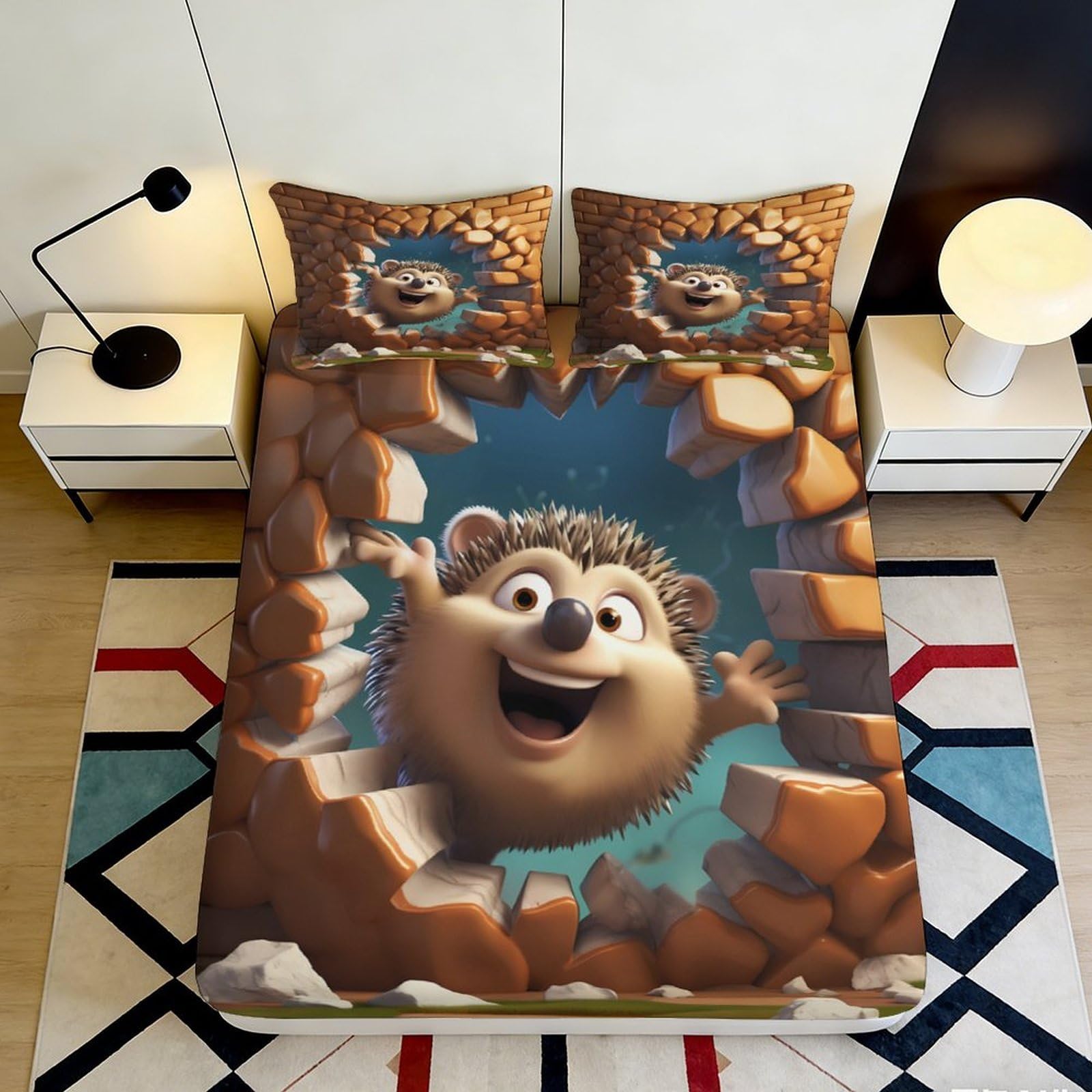 Pnayamiorkfel Style-9 3D Printed Hedgehog Cartoon Fitted Sheet Microfiber Soft Breathable Brick Wall Bed Cover For Bedroom Dorm Decor 90X200x25cm