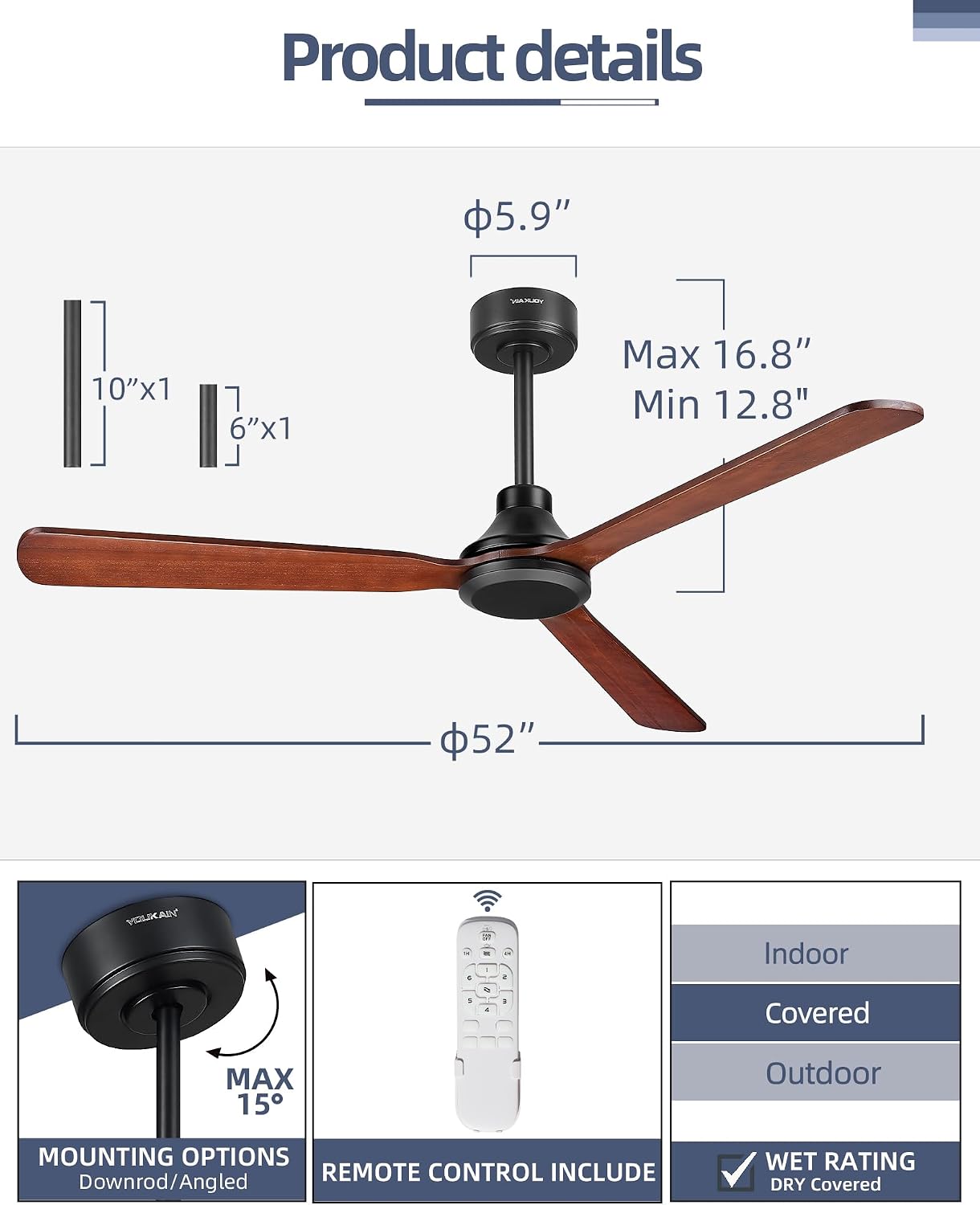 YOUKAIN 52 Inch Ceiling Fans without Lights, 3 Blade Ceiling Fan, Walnut Wood, Remote Control, 6-Speed Reversible Motor, Timer, Outdoor Fans for patios, 52-YJ817-DW-NL
