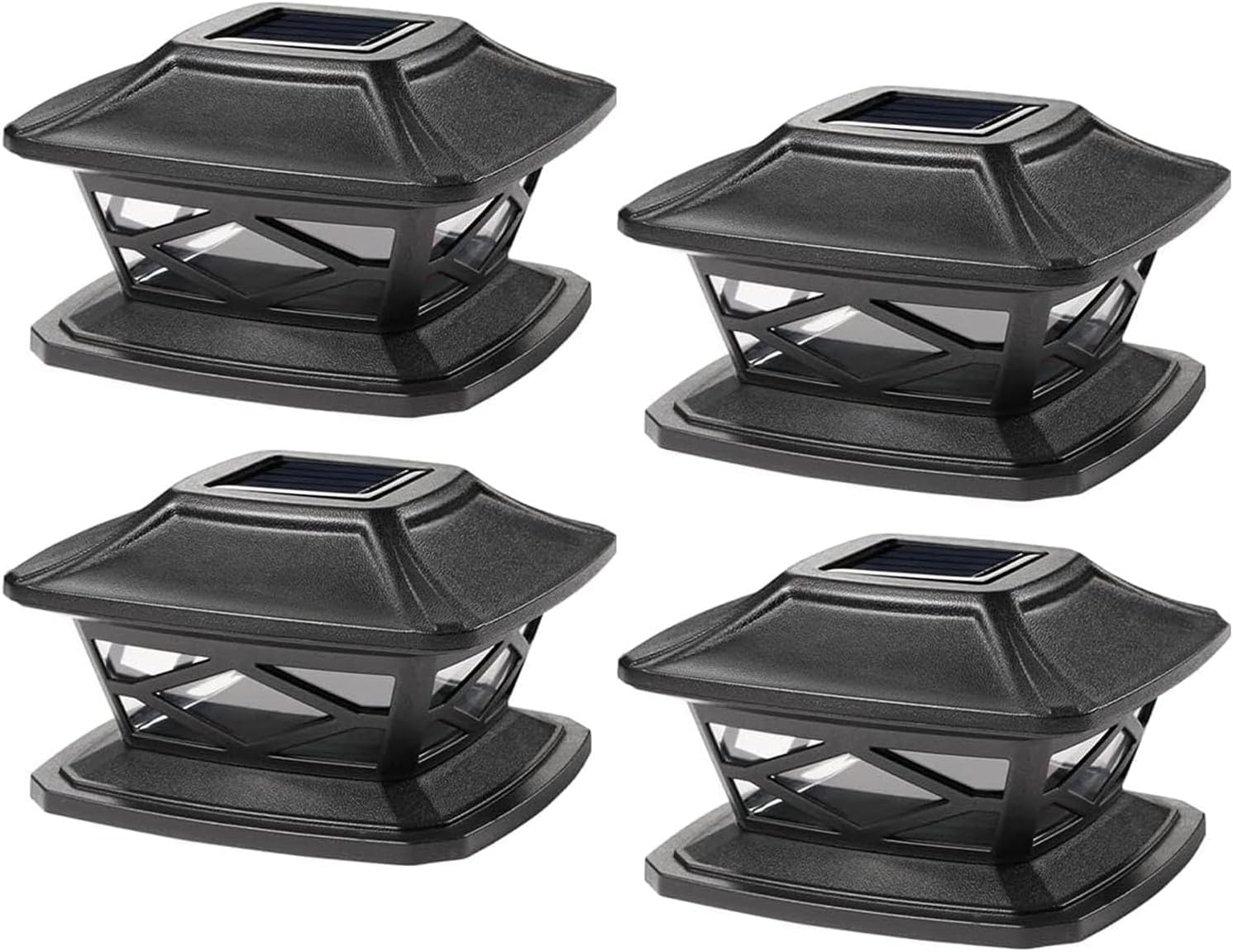 GreenfieldsPack of 4 Solar LED Post Lights - Outdoor Garden IP65 Waterproof Square Landscape Black Post Cap - Solar Powered Lamp for Patio Fence Deck Fits 4x4, 5x5, 6x6 Inch Wooden Posts