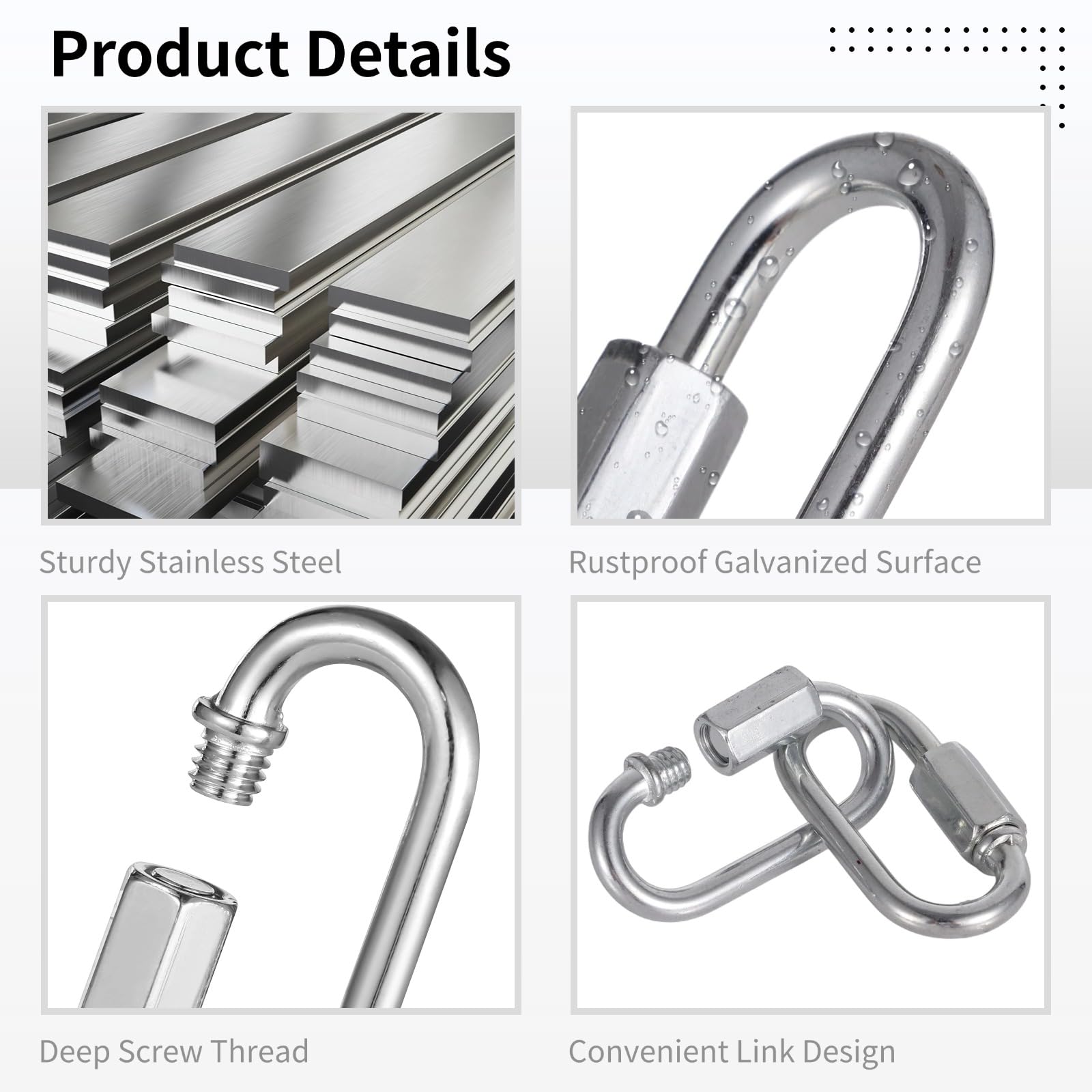 50 eslabones de cadena de acero, capacidad de carga de 620 libras, gancho rápido resistente, clips de seguridad galvanizados M6, conectores de mosquetón para swing de gimnasio de climbing