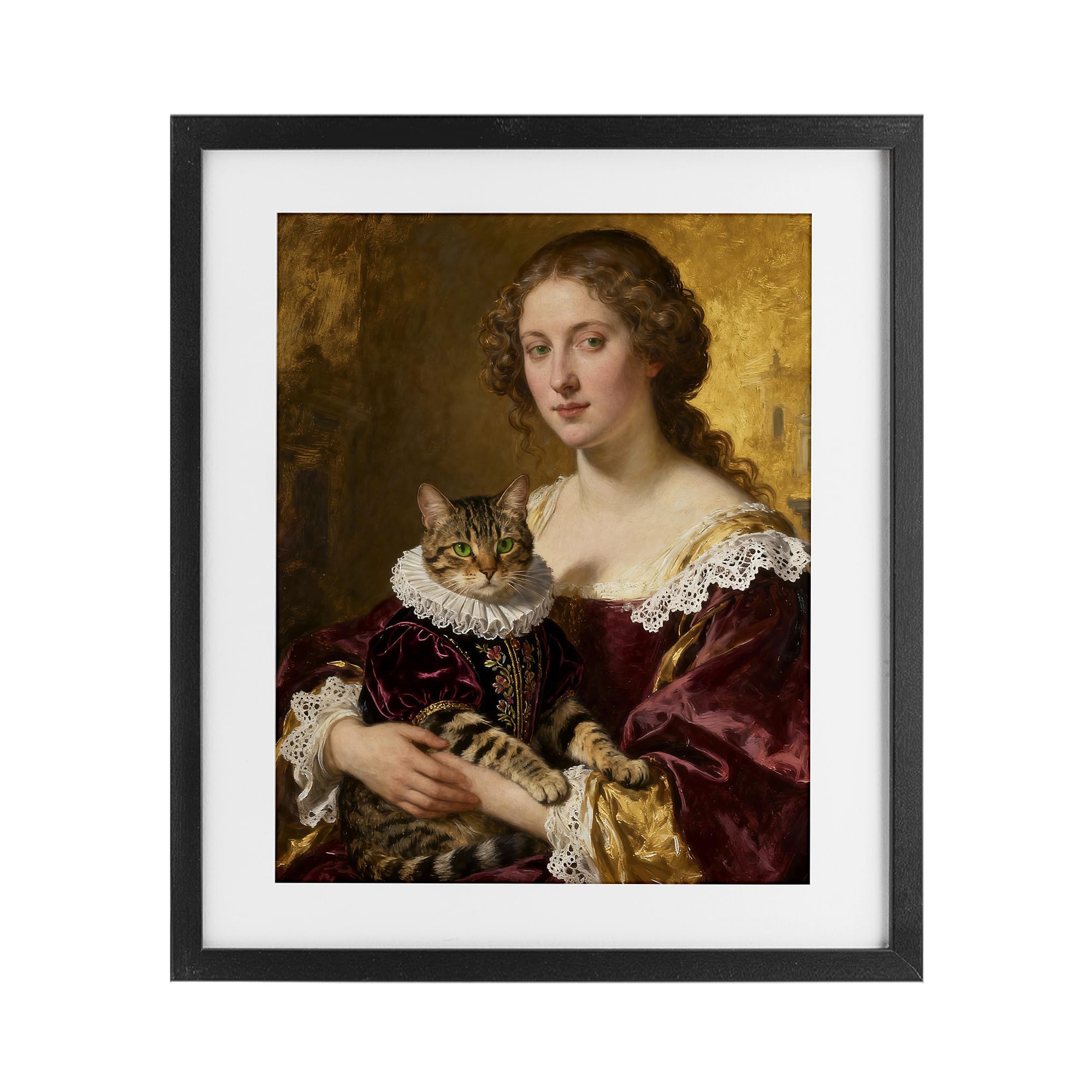 Stupell Industries Midnight Black (Textured) 'Renaissance Lady With Regal Cat'| Framed Print Under Glass