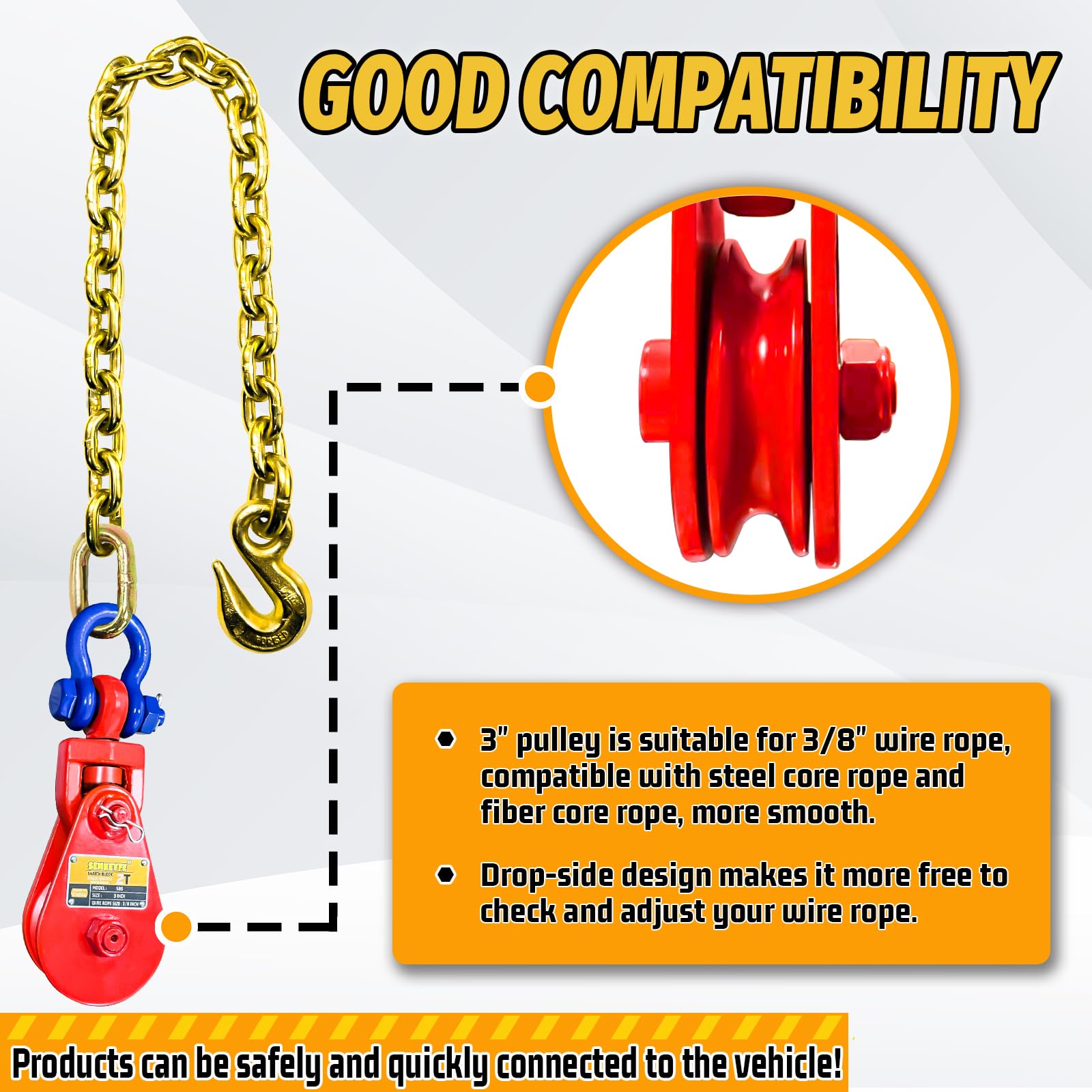 Upgraded Snatch Block with Chain Snatch Block 2 Ton WLL for 3 8 Wire Rope Snatch Block Pulley — view 5