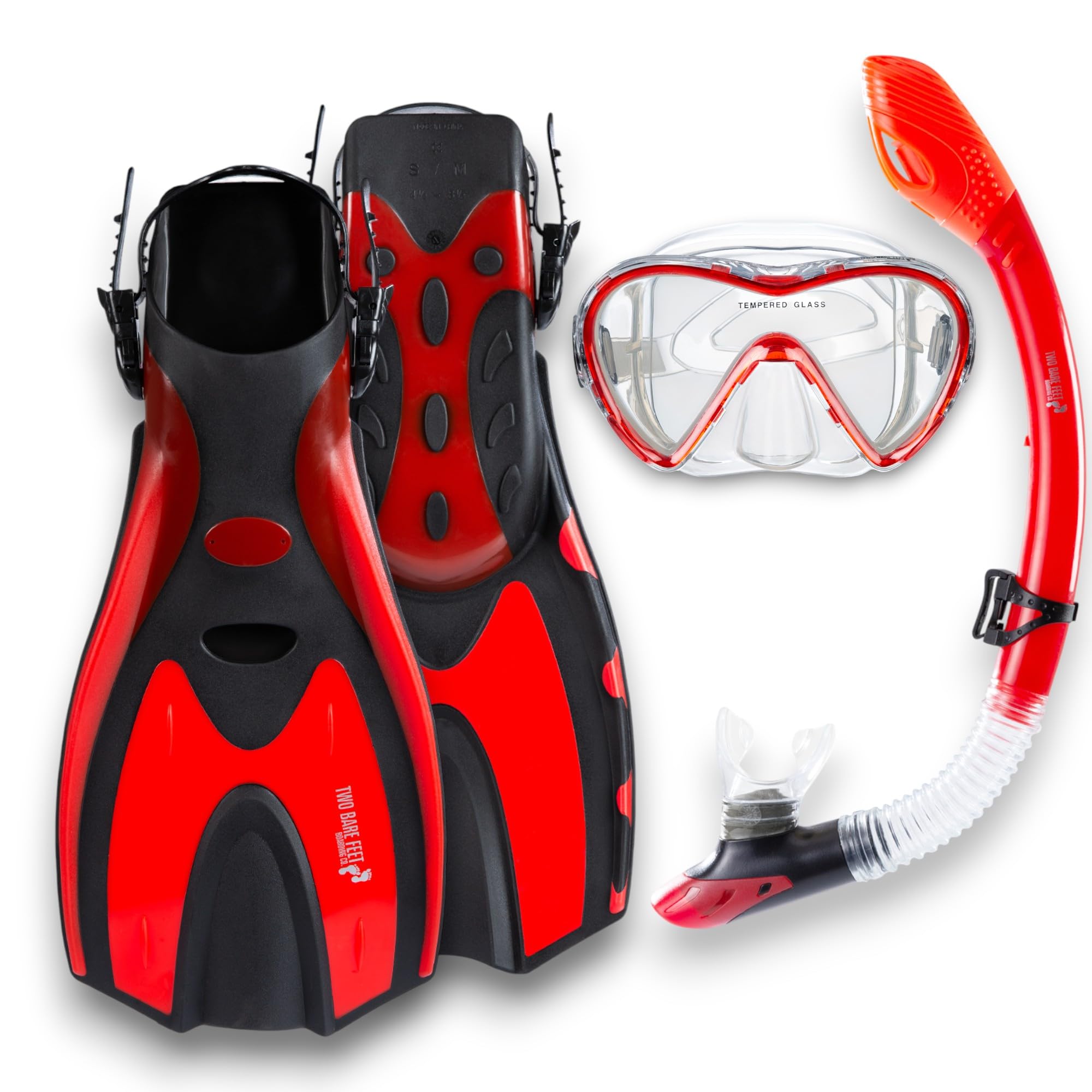 Two Bare Feet Adults 3 Piece Silicone Mask, Snorkel and Fins Diving Set, Anti Fog Anti Leak Snorkelling Set - Style 3 (Red, Dry Top Snorkel, SM UK4.5-8.5)