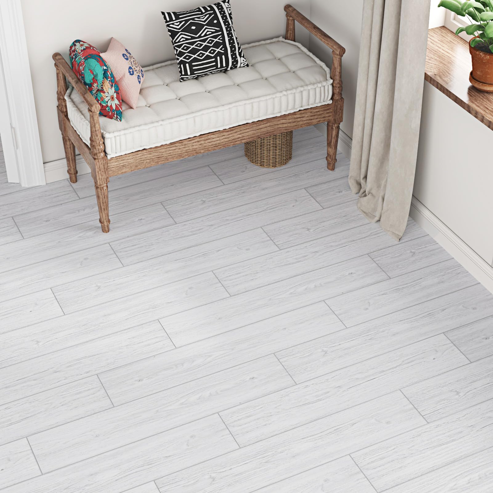 24 Pezzi Pavimento PVC Adesivo Effetto Legno Piastrelle Adesive Cucina Lavabili Grigio Bianco Parquet Linoleum 90cm x 15cm