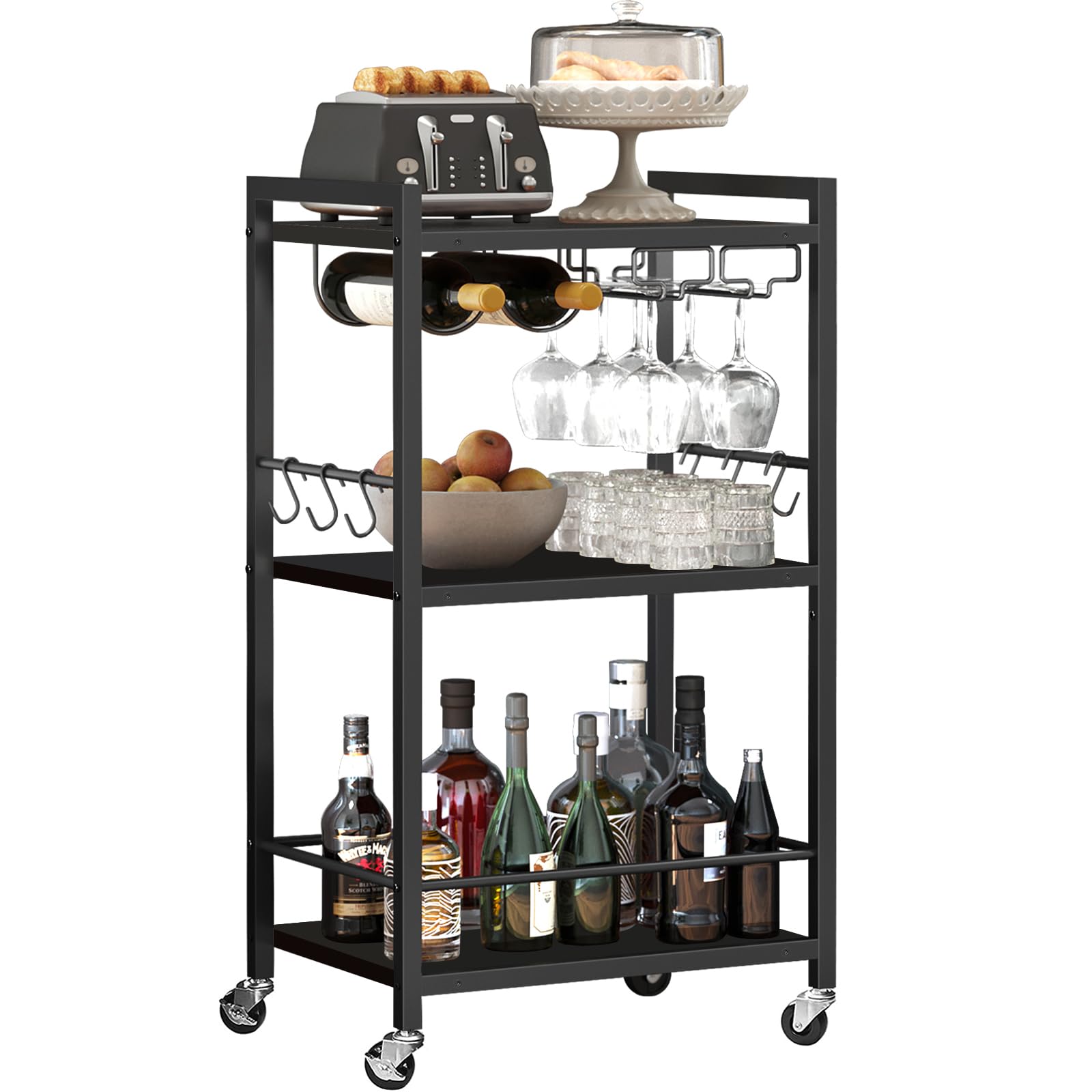 TUTOTAK Bar Cart, Home Bar Serving Cart, Microwave Cart, Drink Cart, Mobile Kitchen Shelf with Wine Rack and Glass Holder, Rolling Beverage Cart Living Room, Kitchen, Black BC01BK032