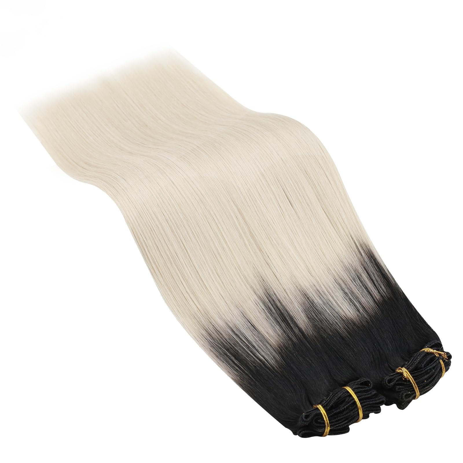 Ugeat Przedłużanie Włosów Clip in, Włosy Ludzkie, Ombre Naturalna Czerń do Blondu, 35 cm 7 sztuk 105g, Włosy Clip in Extensions Platynowy Blond, Remy Naturalne Proste