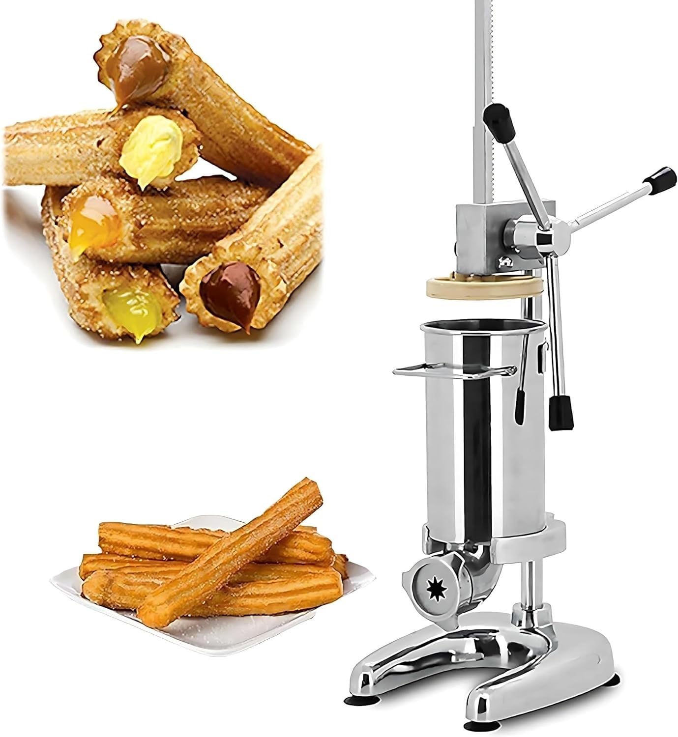 Máquina de Churros Manual Acero Inoxidable 3L - Churrera Comercial con 5 Moldes para Donuts y Palitos Masa