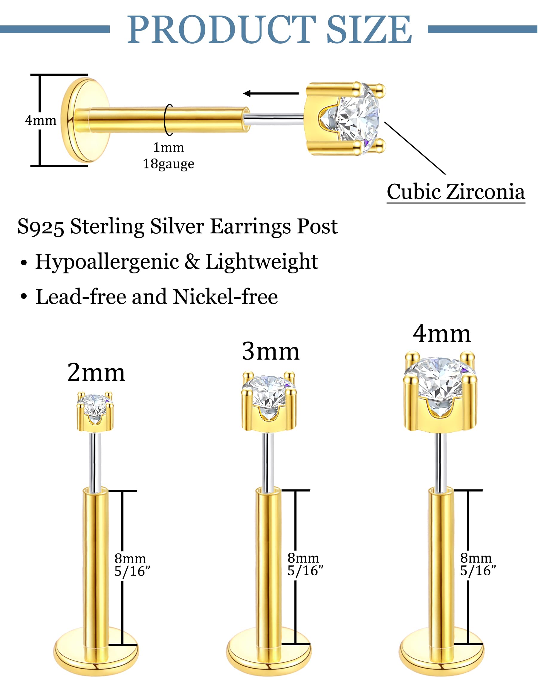 TTDGYYXW 5 Paar Ohrringe mit Flacher Rückseite, goldfarben, fadenlos, Tragus-Knorpel, für Damen und Herren, 925er-Sterlingsilber, 14-karätiges Gold, hypoallergenes Ohrring-Set für mehrere Piercings,