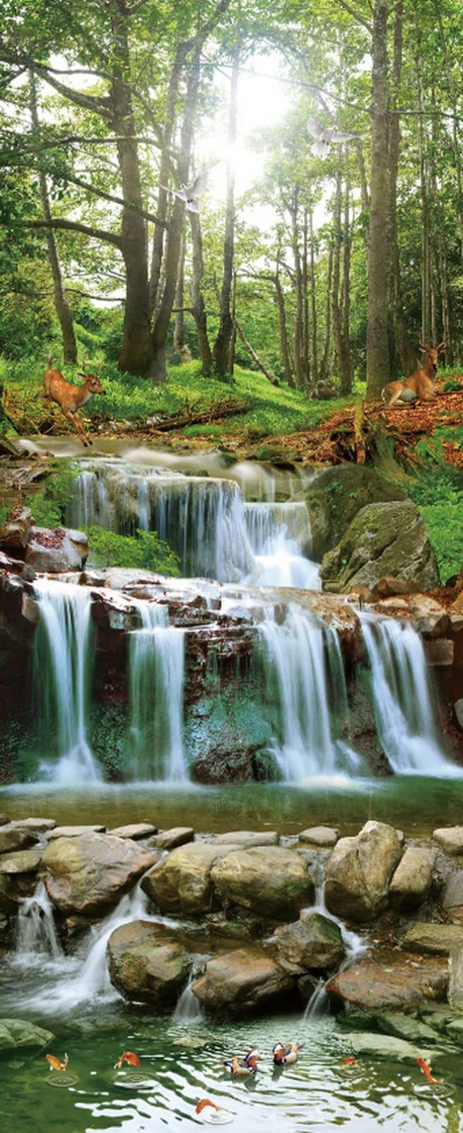 A.Monamour Pegatinas de Puerta Autoadhesivo 3D Cascada Cascada En El Bosque Con La Luz Del Sol A Través De Los Árboles Paisajes Naturales Vinilo para Puertas Mural PVC Pared Foto Poster 95 x 215 cm
