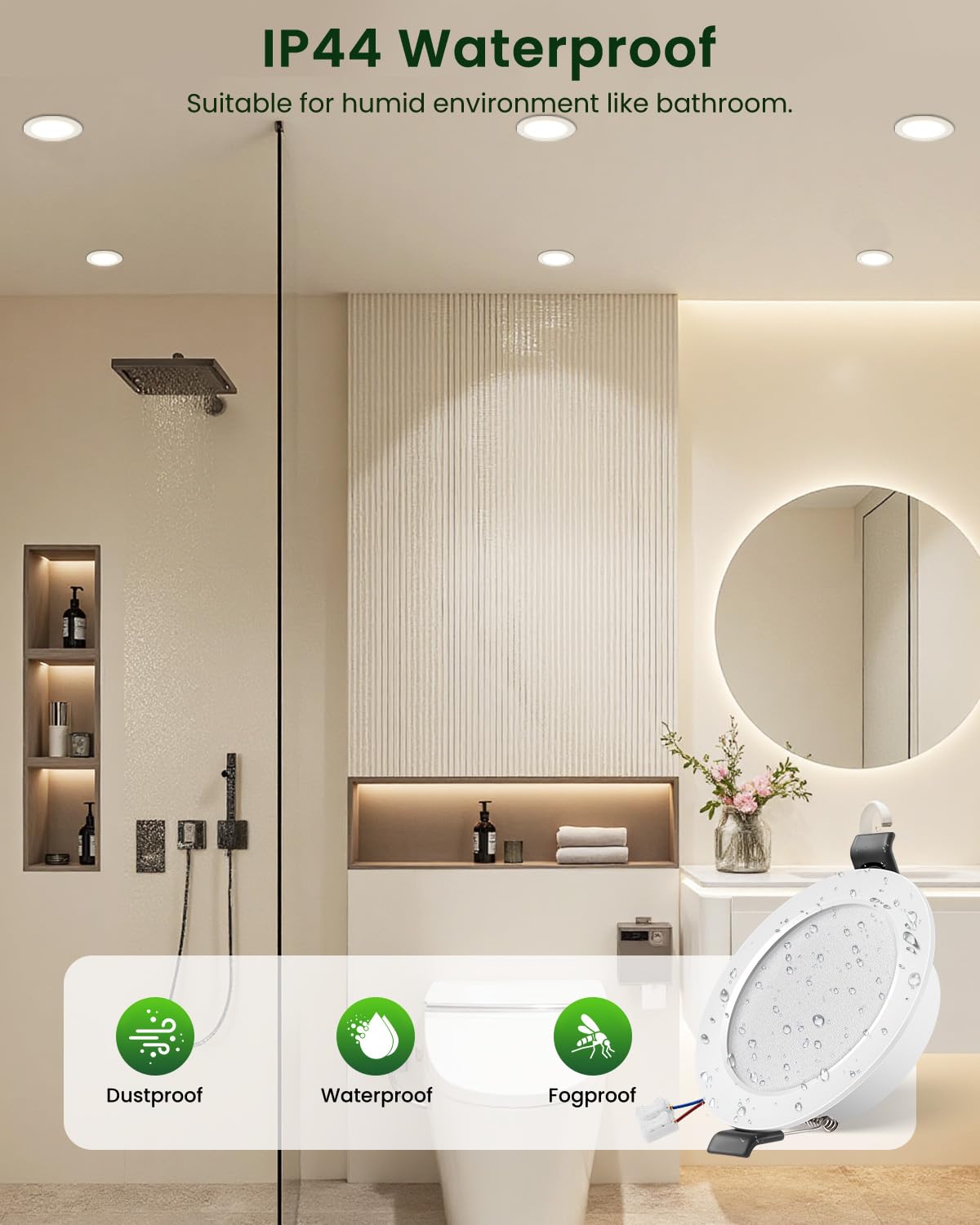 Downlight LED Techo Empotrable 5W, Focos LED Interior Techo 450LM, Blanco Cálido 3000K, IP44 Ojos de Buey Redondo, para Baño Cocina Salón, Extraplano 25mm, Φ68-80mm, Pack 12