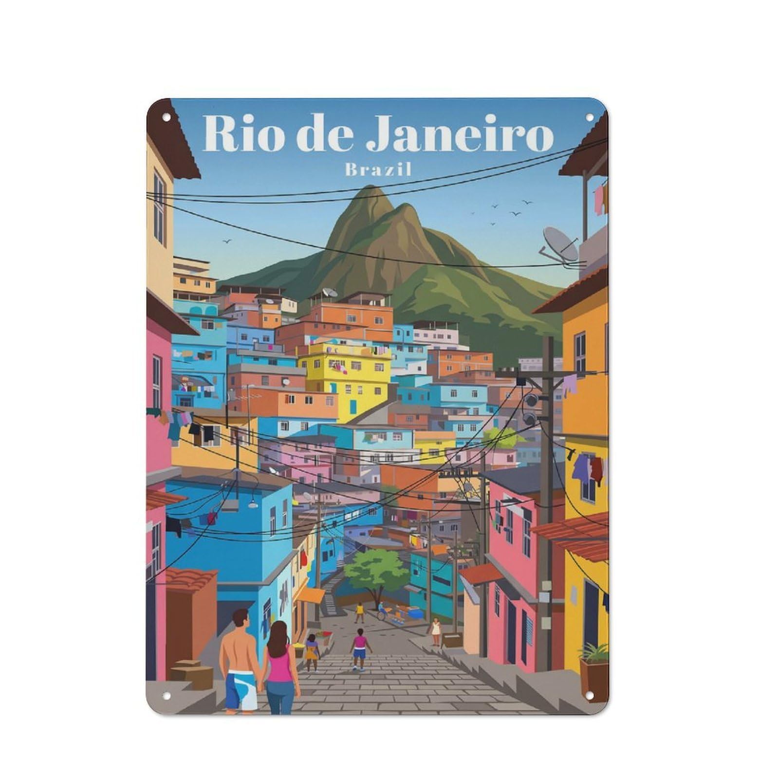 Junmoney Style-2 For Studio Or Craft Room, Rio De Janeiro Favelas Rustic Tin Wall Plaque 40X30cm, For Vintage Wall Decor Fans, For Metal Sign Collectors