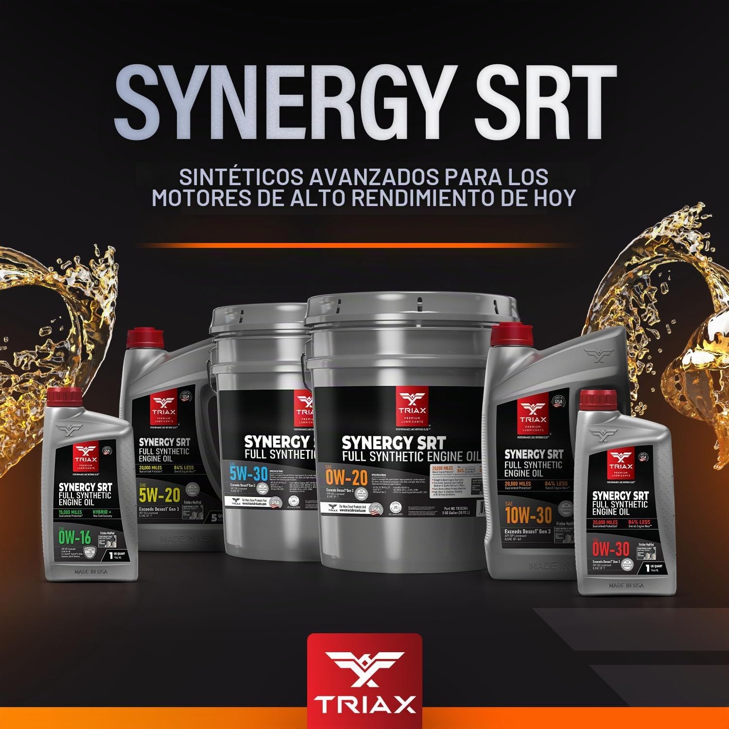 Triax Synergy SRT 10W-40 Aceite de motor totalmente sintético de alto kilometraje, API SN, servicio de cambio en 16,000 kilómetros, contiene un 25% más de ZDDP, reforzado con molibdeno