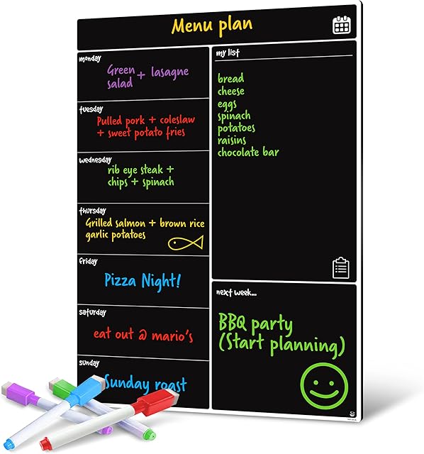 Smart Panda Magnetic Black Board Fridge Calendar - Useful Menu Planner, Memo Or Weekly Shopping List For Adults And Children - Easy To Write And Wipe Notice Board - Weekly (Black)