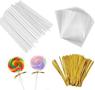 300Pcs Lollipop Making Tools 100 Paper Sticks & 100 Cake-Pop Bags and 100-Twist Ties, Cake-Pop Bags and Lollipop Sticks for Cakes-Pops & Candy Packaging