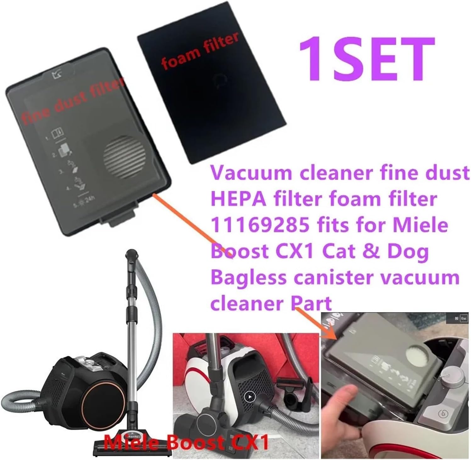 1set HEPA & Foam Filter 11169285, Compatible With Miele Boost CX1 Cat & Compatible With Dog Bagless Canister Vacuum Parts