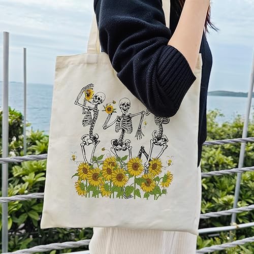 Miniatura 2 de Dlzdn Bolsa de lona con diseño de calavera y girasoles para mujer, estética, divertida bolsa de esqueleto floral, bolsa de compras, bolsa de playa,