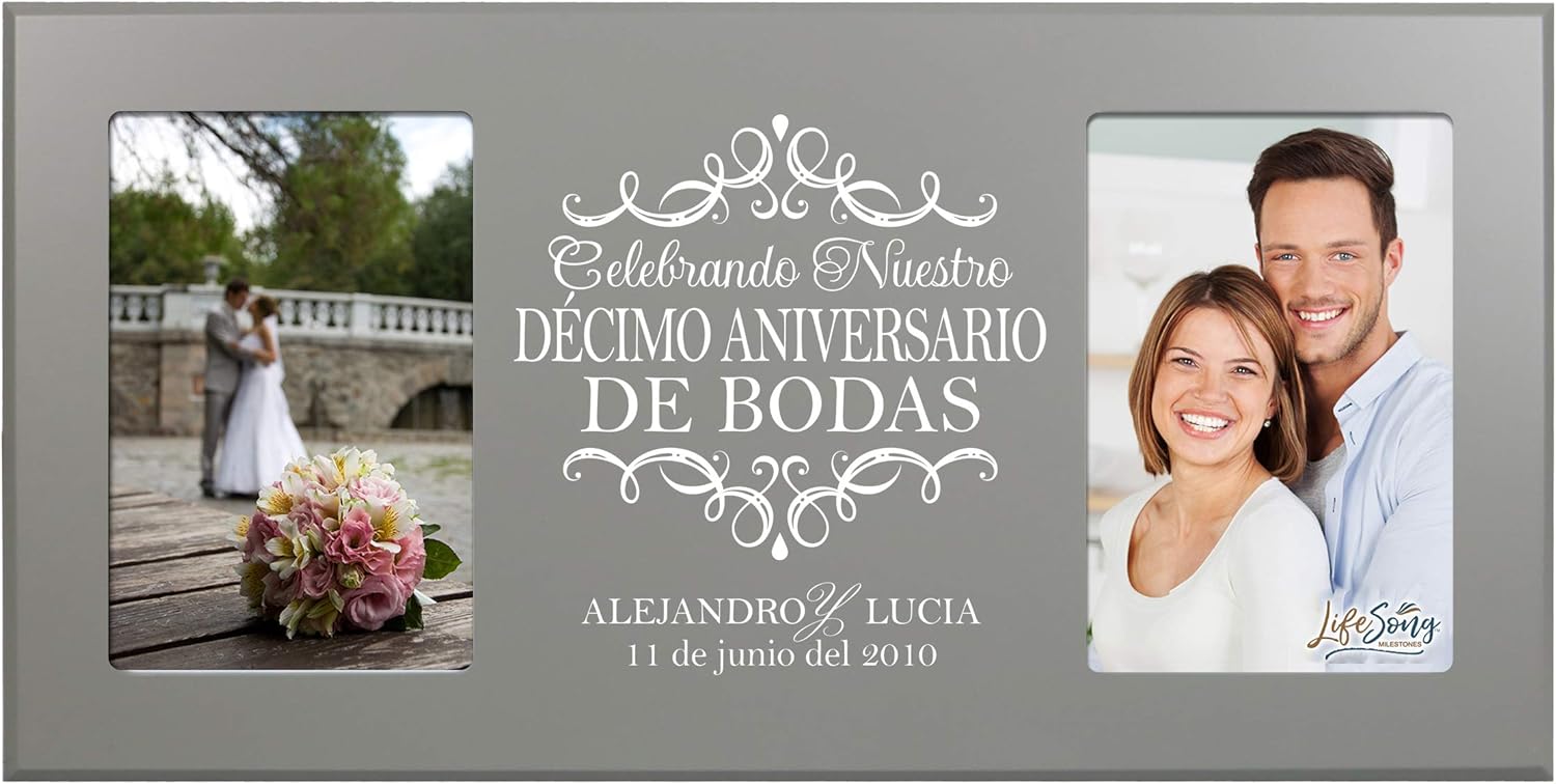 LifeSong Milestones Personalized 10th Anniversary Picture Frame Marriage Keepsake Gift with Spanish Verse - Ten Years Wedding Gift for Parents Husband Wife Him Her Holds 2-4x6 Photo (Cherry)