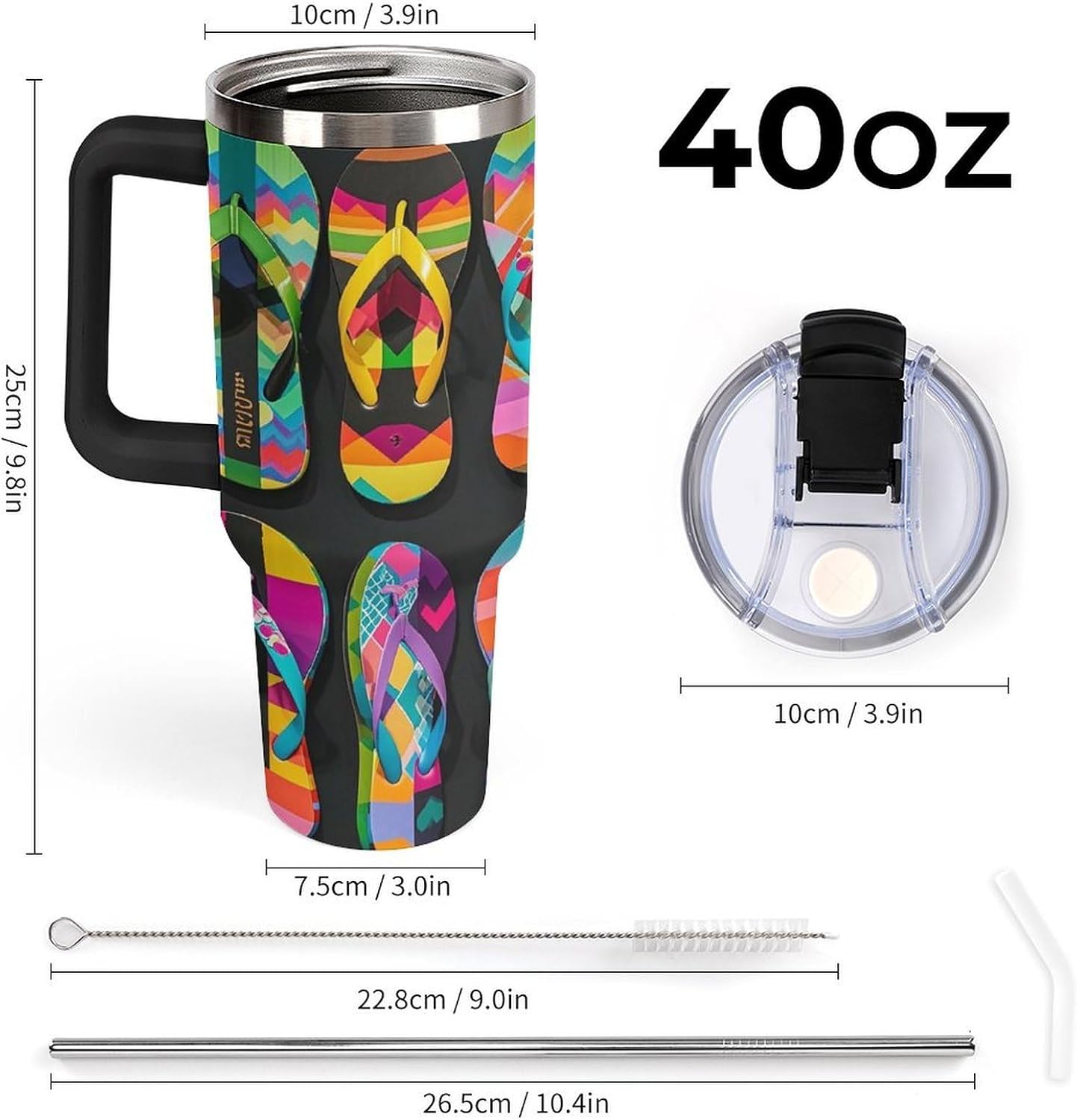 40oz Stainless Steel Flip Flops Tumbler with Handle And Straw Double Wall Vacuum Insulated Travel Mug Bpa-Free Leak-Proof Water Bottle Cup Holder Friendly for Home Office Gym