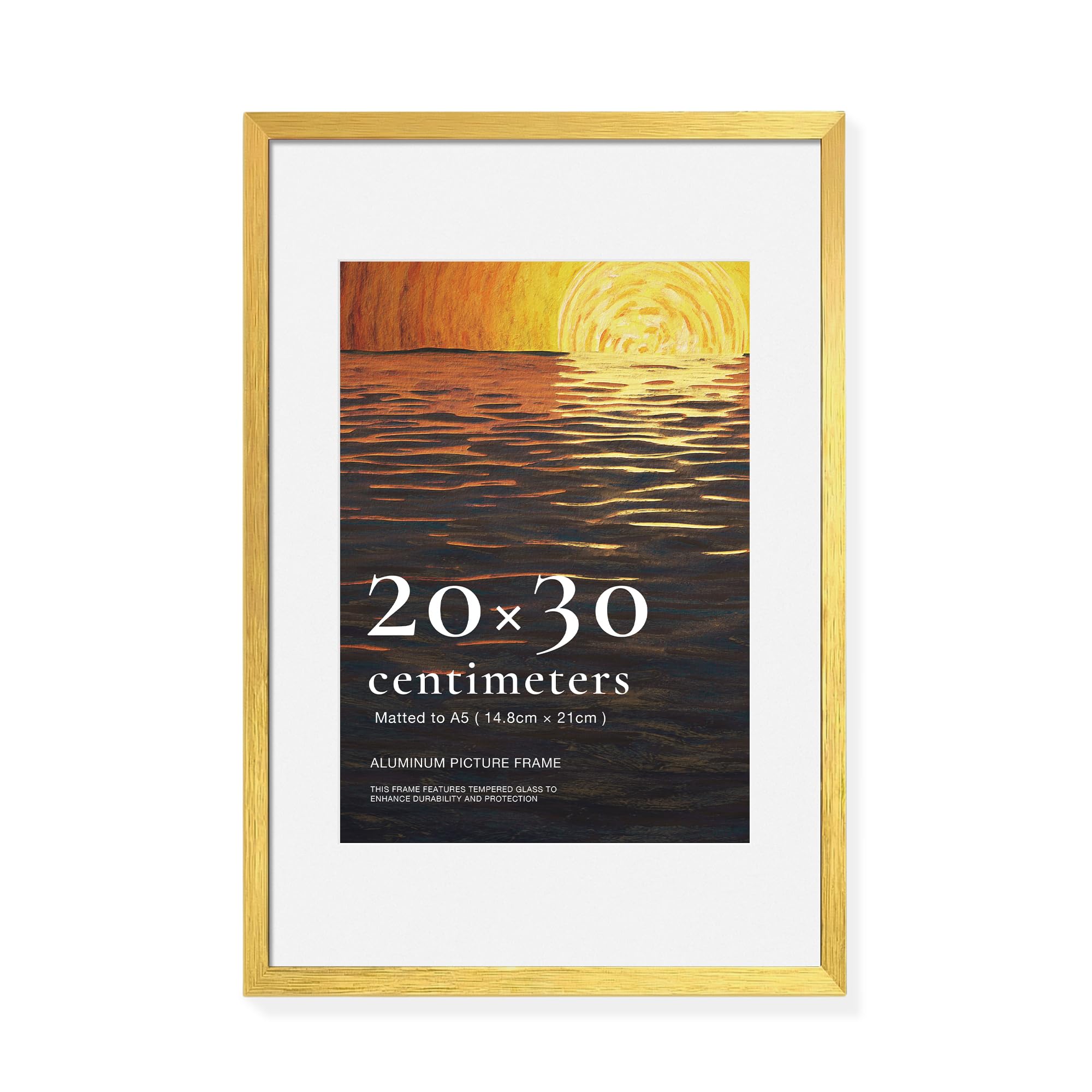 LIVINGTASTE 20x30 cm Aluminum Picture Frame, Brushed Gold, with Tempered Glass, 1 Pack, Includes Mat for A5 Photos (14.8 x 21 cm)