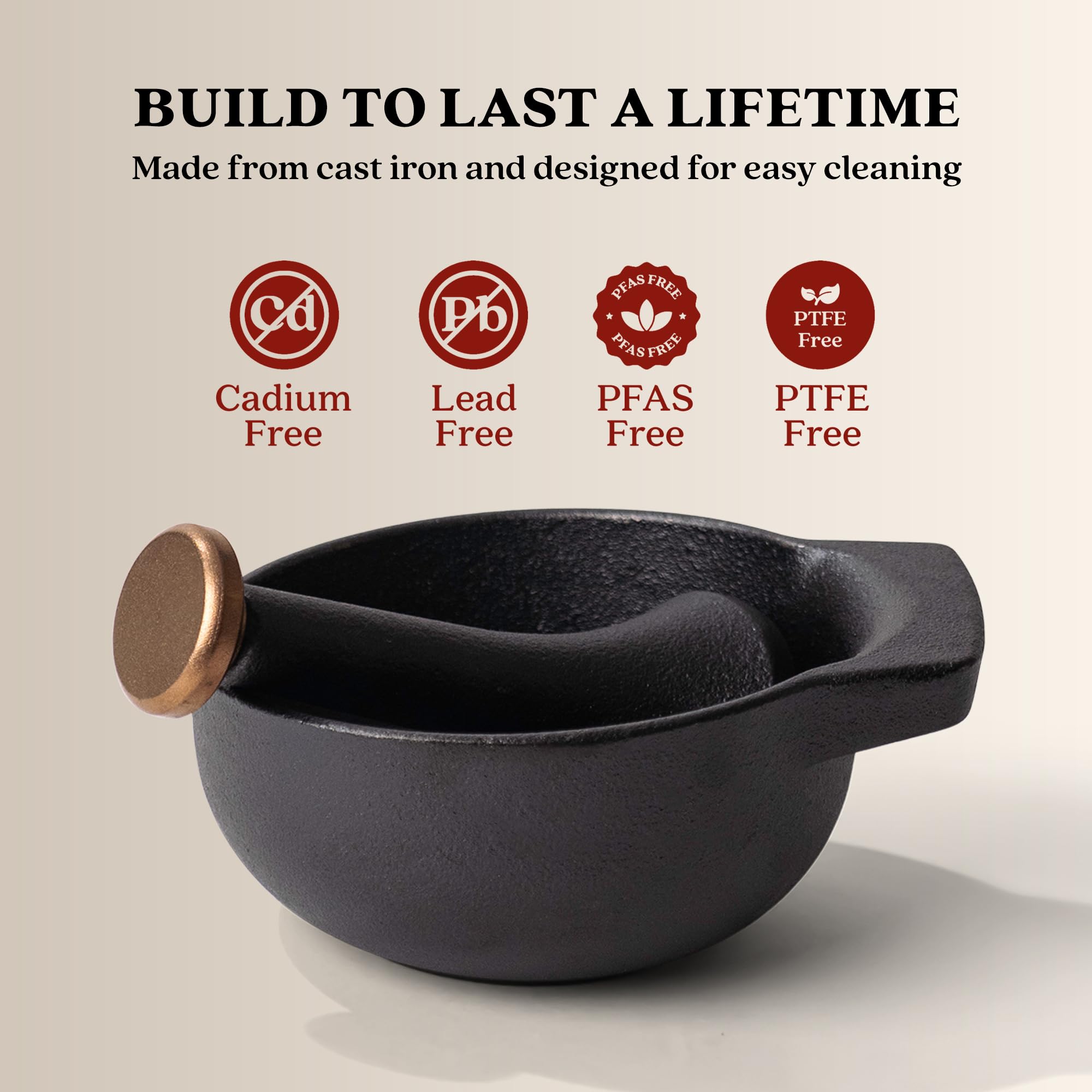 Alva Nori Enameled Cast Iron Mortar & Pestle Set - 2-Cup Heavy Duty Spice Grinder with Textured Interior - Durable Kitchen Tool for Guacamole, Herbs, Pesto, 4" Black Non-Toxic - Image 6