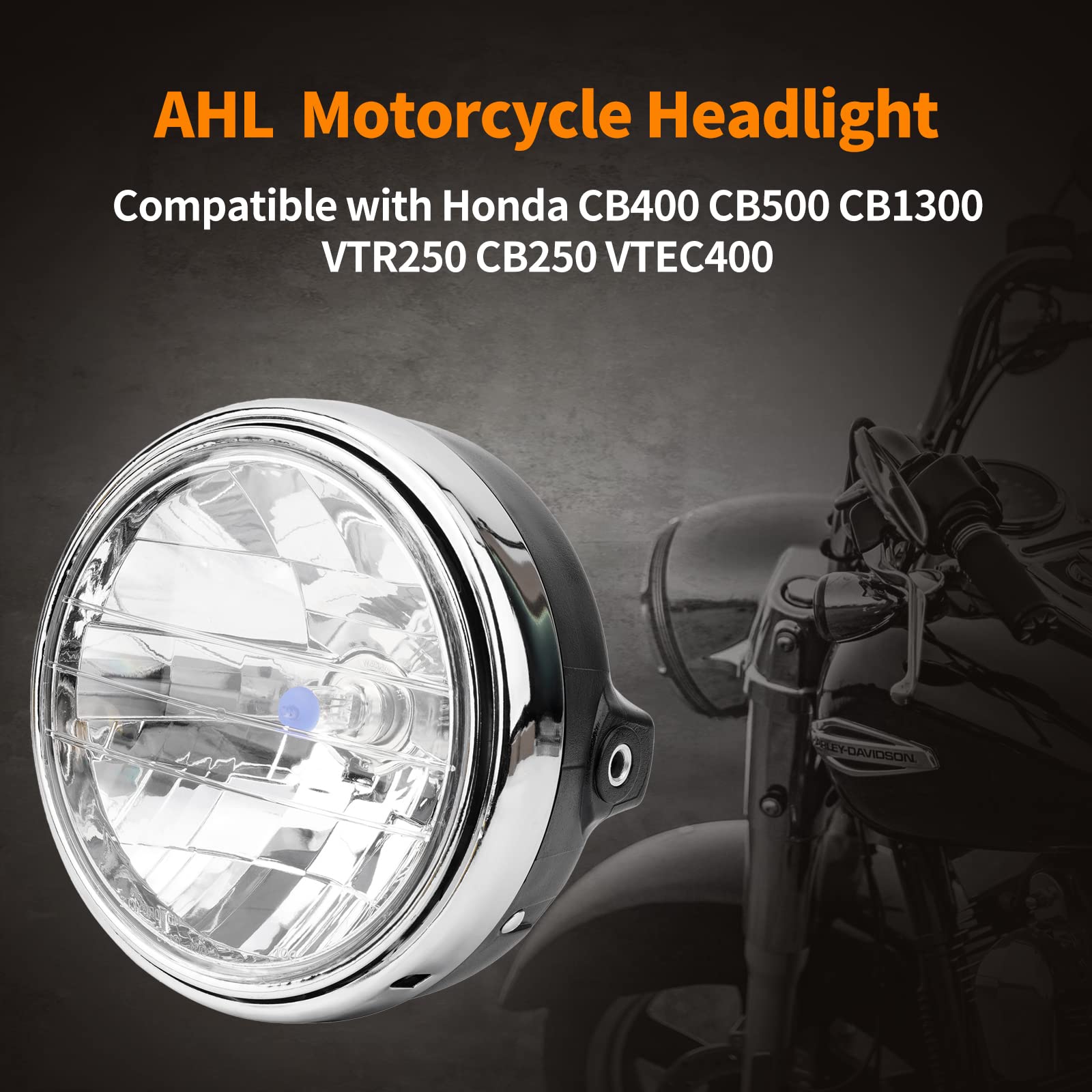 AHL Faro HalóGeno para Motocicleta, Faro Retro Redondo Cromado De 12 V Compatible con CB400 CB500 CB1300 Hornet 250/600/900 VTEC400 VTR250 CB250
